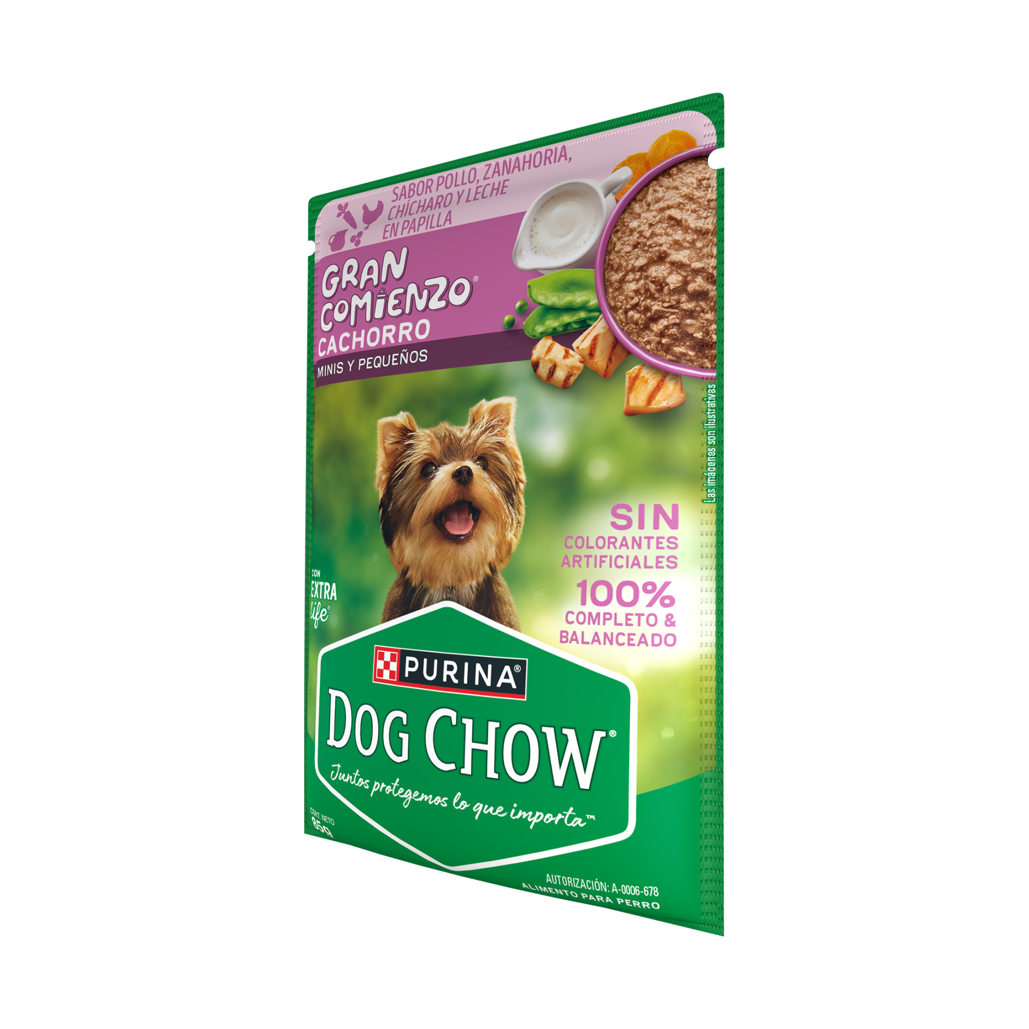 Empaque de DOG CHOW® Gran Comienzo® CACHORRO Sabor Pollo, Zanahoria, Chícharo y Leche en Papilla, vista lateral