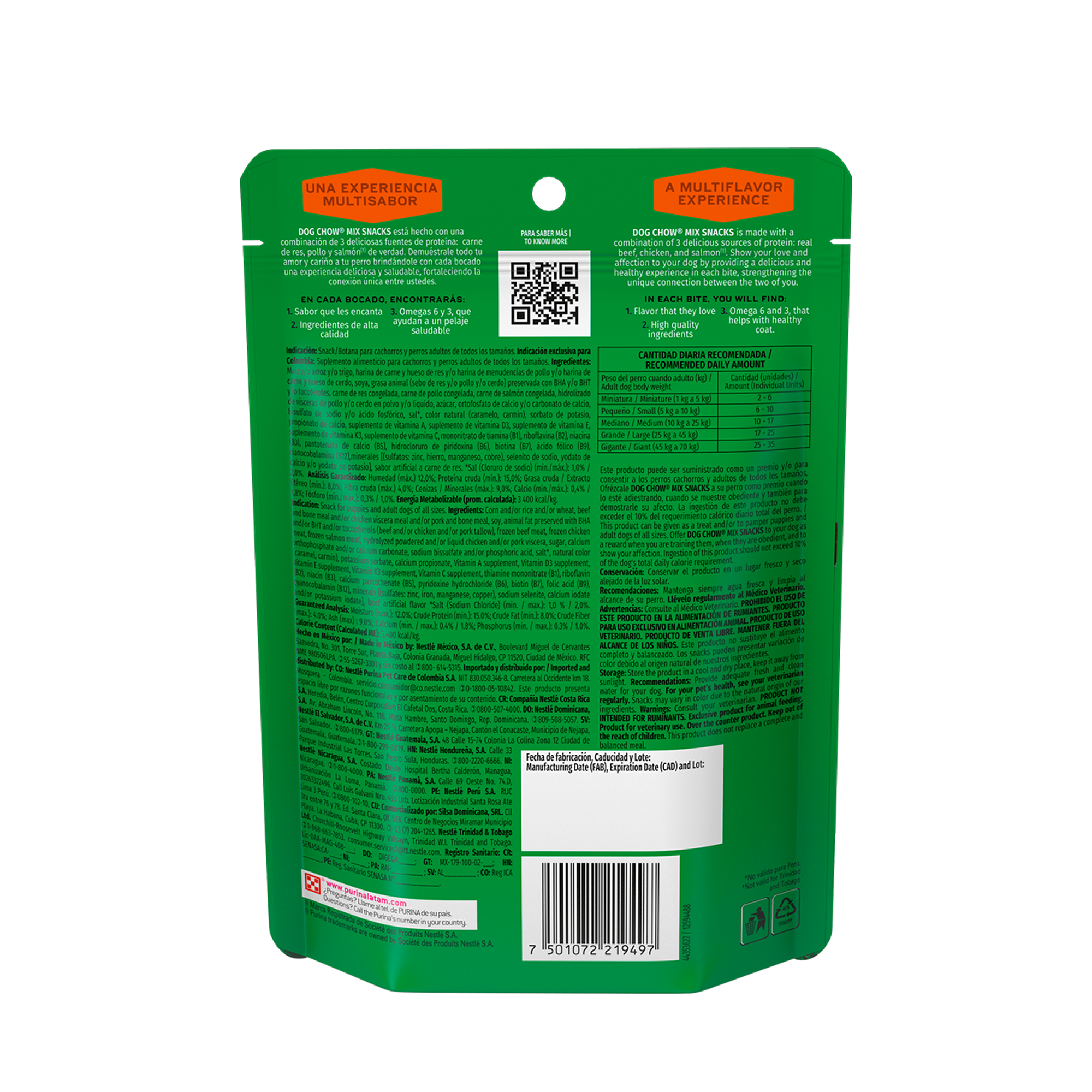 Empaque de DOG CHOW® Mix con carne de res, pollo y salmón, vista posterior