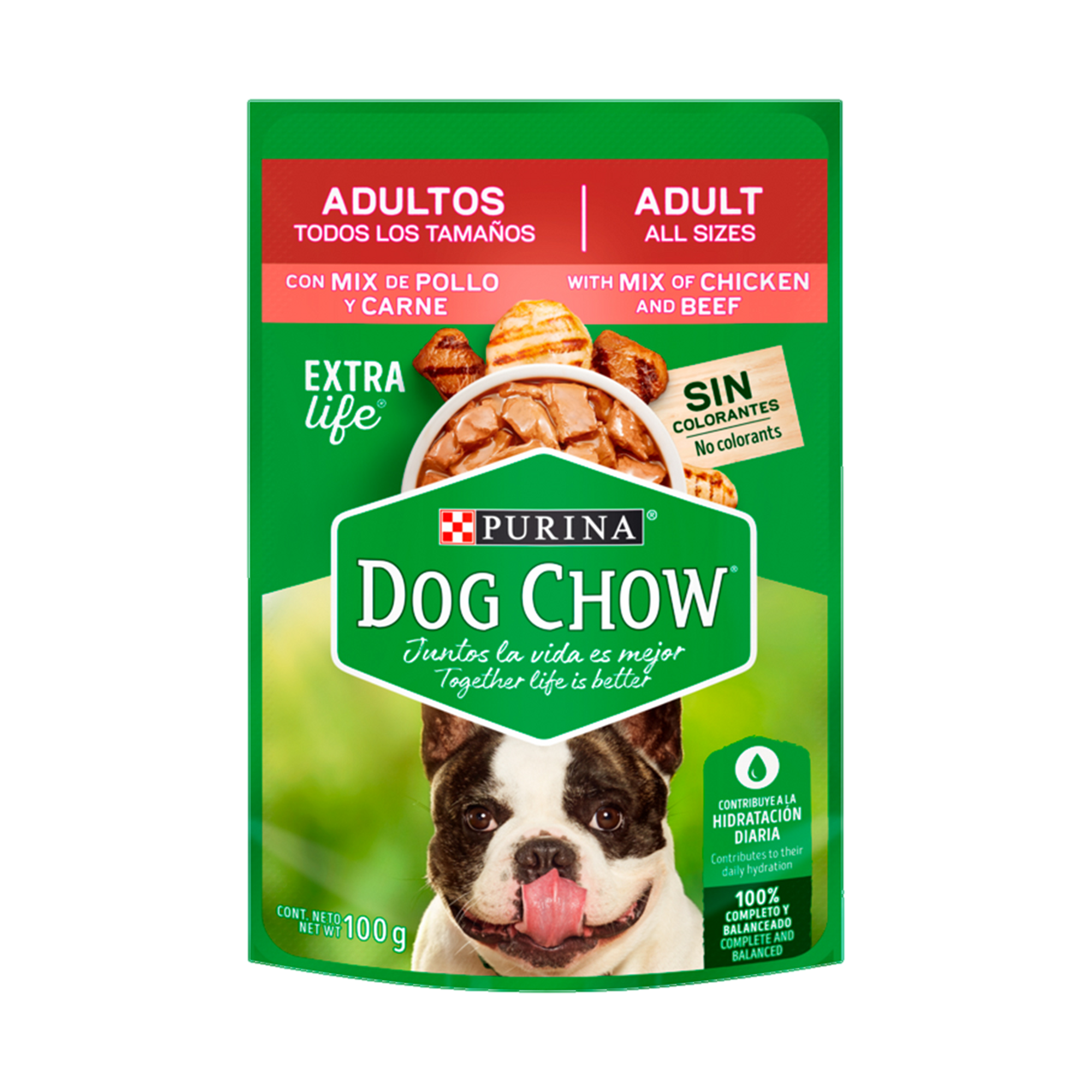 Empaque de Dog Chow mix pollo y carne adultos todos los tamaños, vista frontal