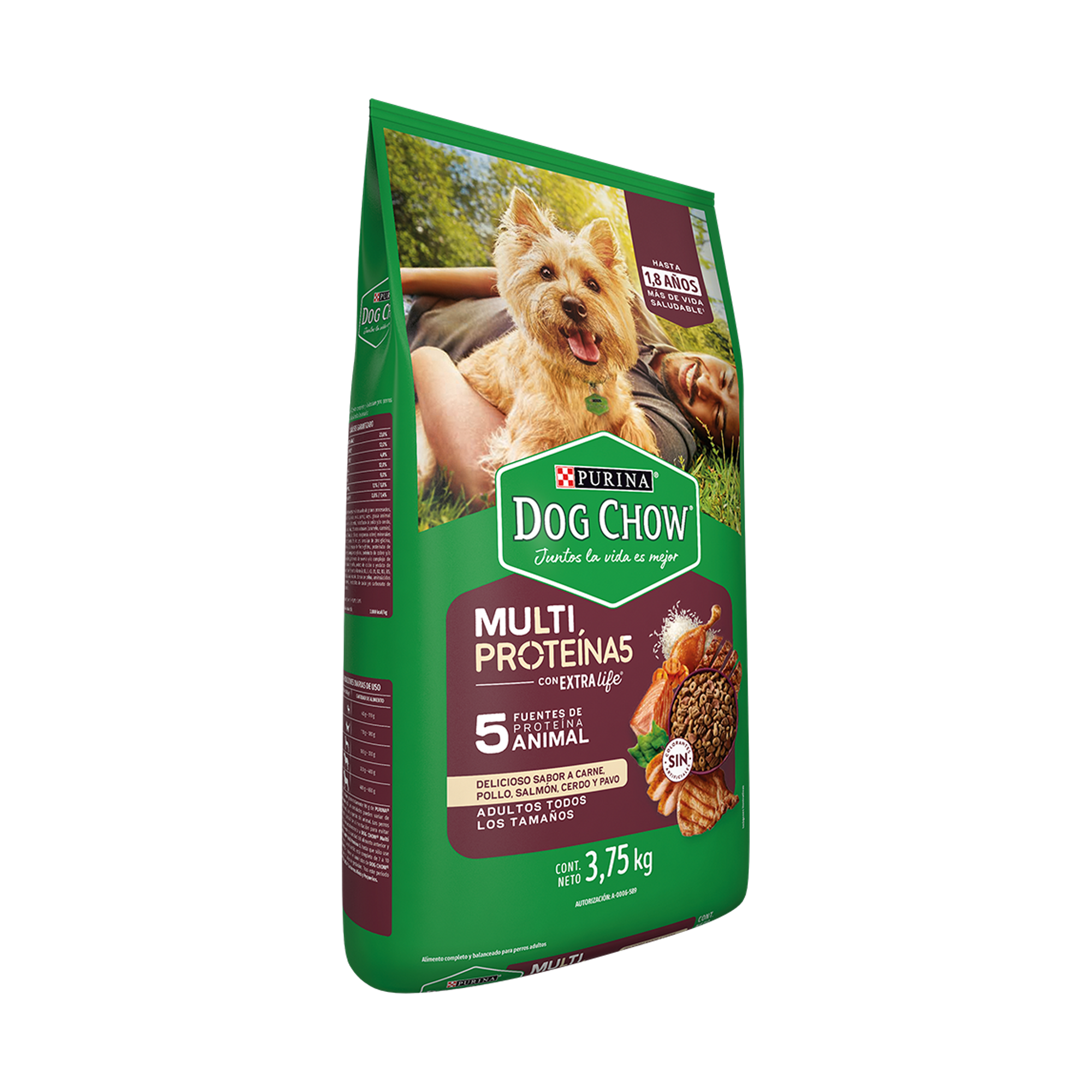 Empaque de Dog Chow multi proteínas, vista lateral