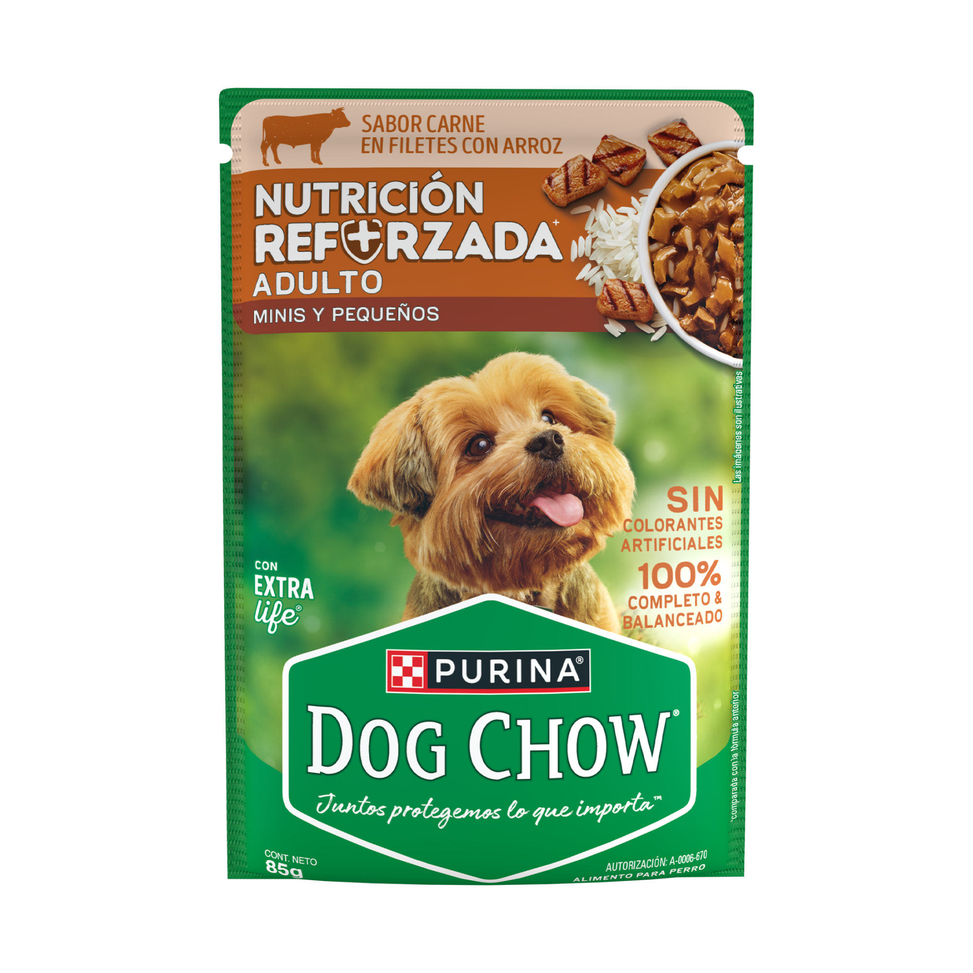 Empaque de DOG CHOW® NUTRICIÓN REFORZADA® ADULTO MINIS & PEQUEÑOS Sabor Carne en Filetes con Arroz, vista frontal