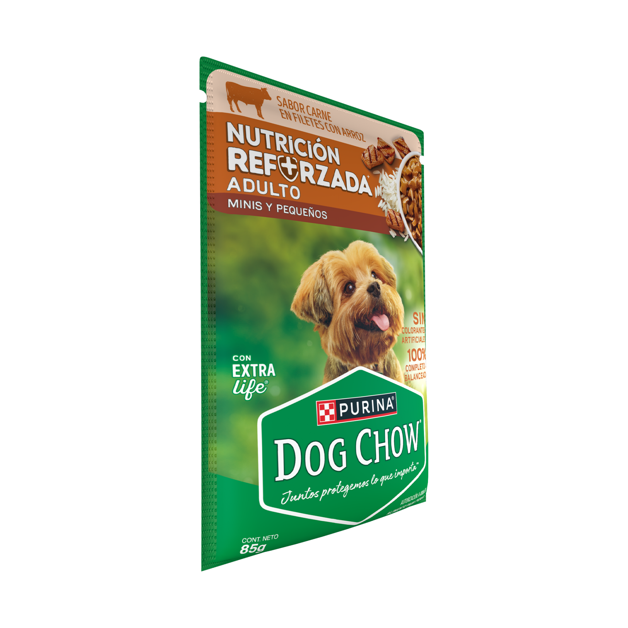 Empaque de DOG CHOW® NUTRICIÓN REFORZADA® ADULTO MINIS & PEQUEÑOS Sabor Carne en Filetes con Arroz, vista lateral