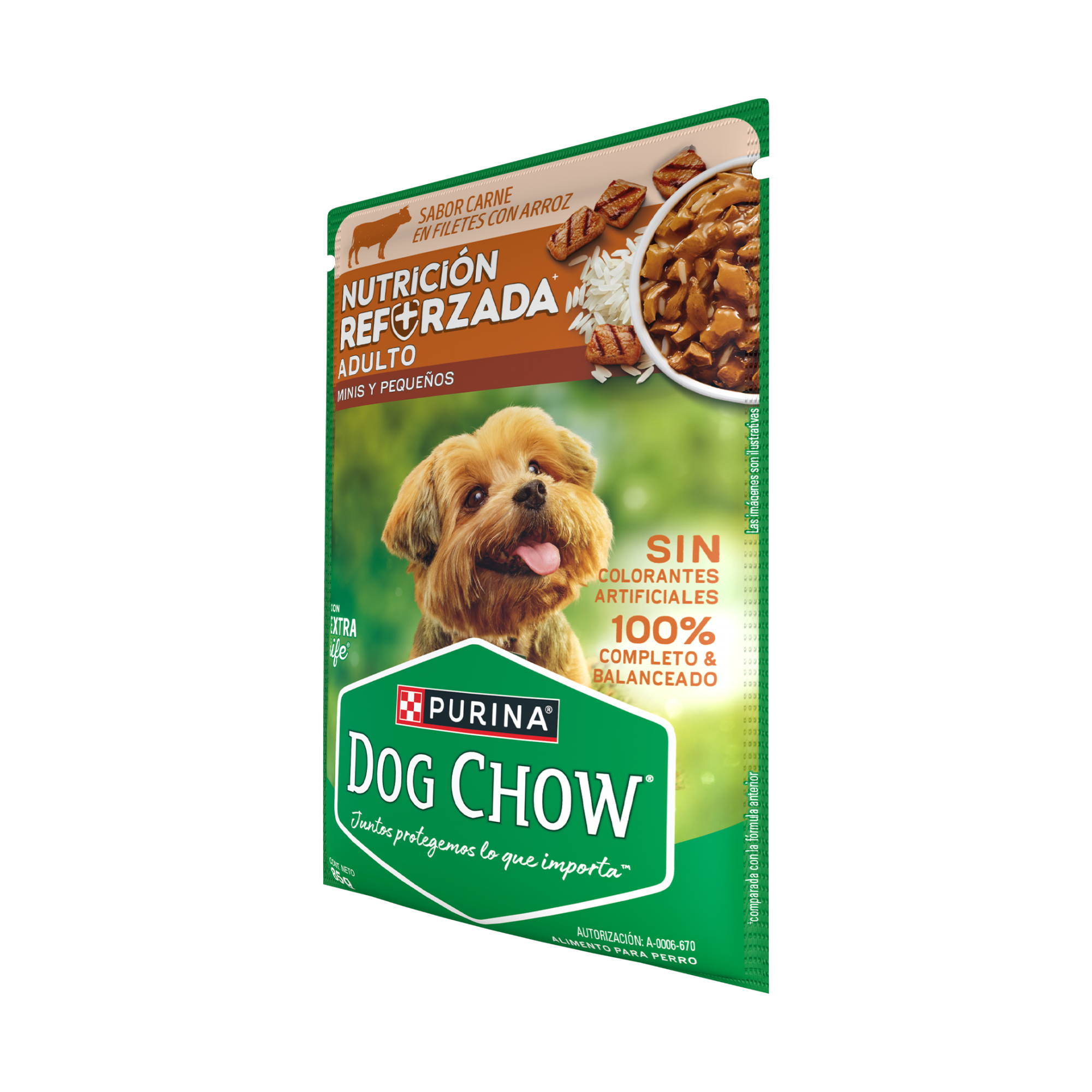 Empaque de DOG CHOW® NUTRICIÓN REFORZADA® ADULTO MINIS & PEQUEÑOS Sabor Carne en Filetes con Arroz, vista lateral