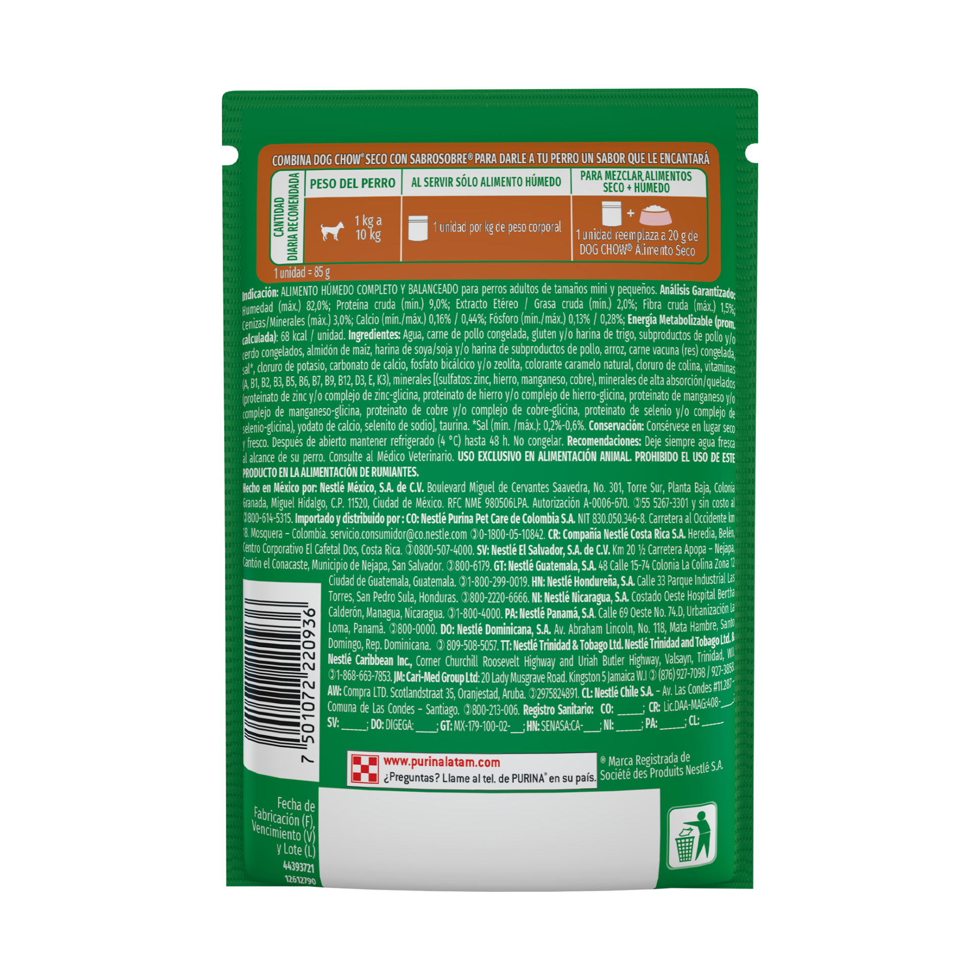 Empaque de DOG CHOW® NUTRICIÓN REFORZADA® ADULTO MINIS & PEQUEÑOS Sabor Carne en Filetes con Arroz, vista posterior