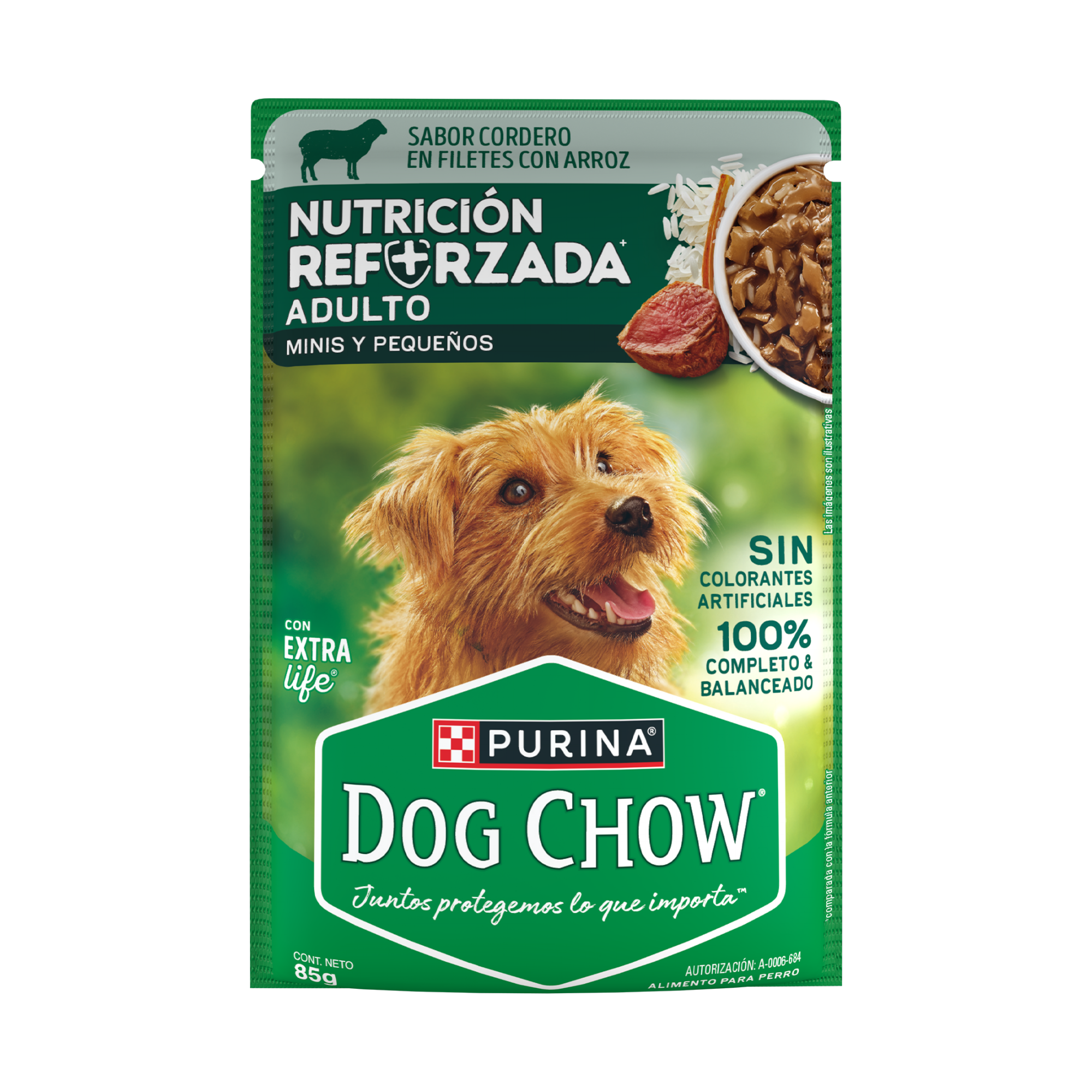 Empaque de DOG CHOW® NUTRICIÓN REFORZADA® ADULTO MINIS & PEQUEÑOS Sabor Cordero en Filetes con Arroz, vista frontal