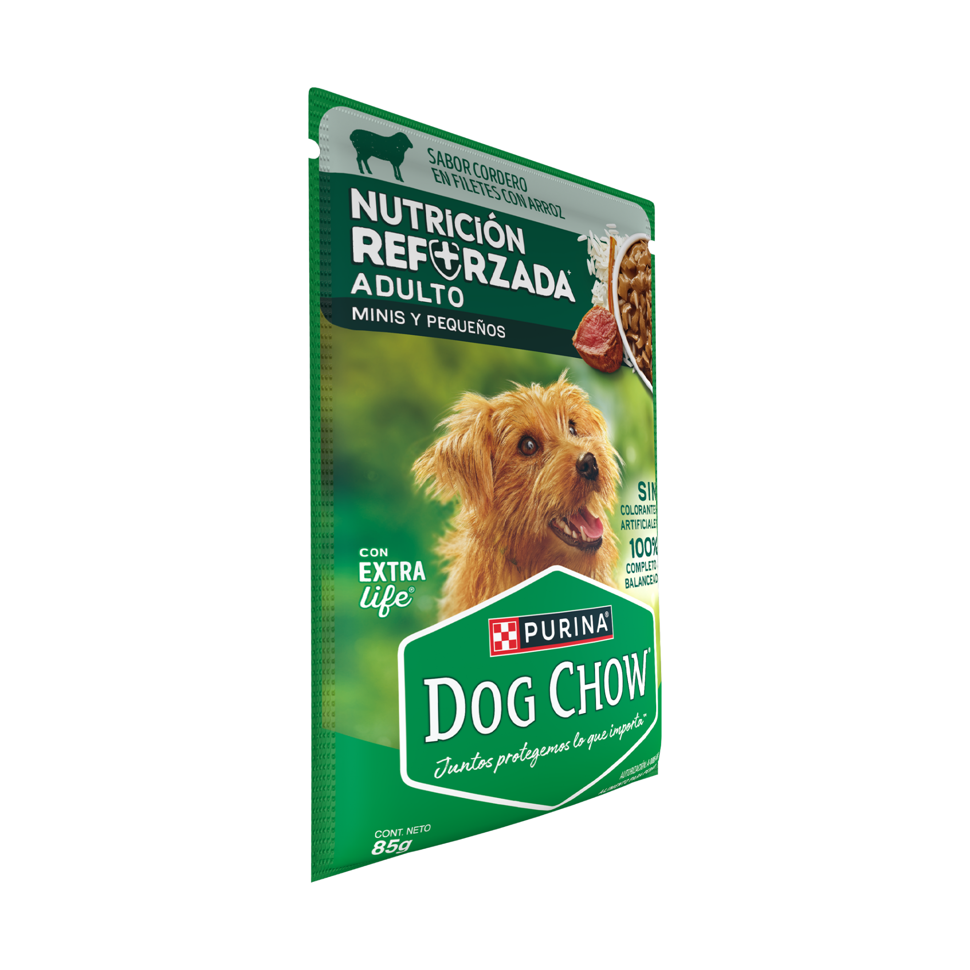 Empaque de DOG CHOW® NUTRICIÓN REFORZADA® ADULTO MINIS & PEQUEÑOS Sabor Cordero en Filetes con Arroz, vista lateral