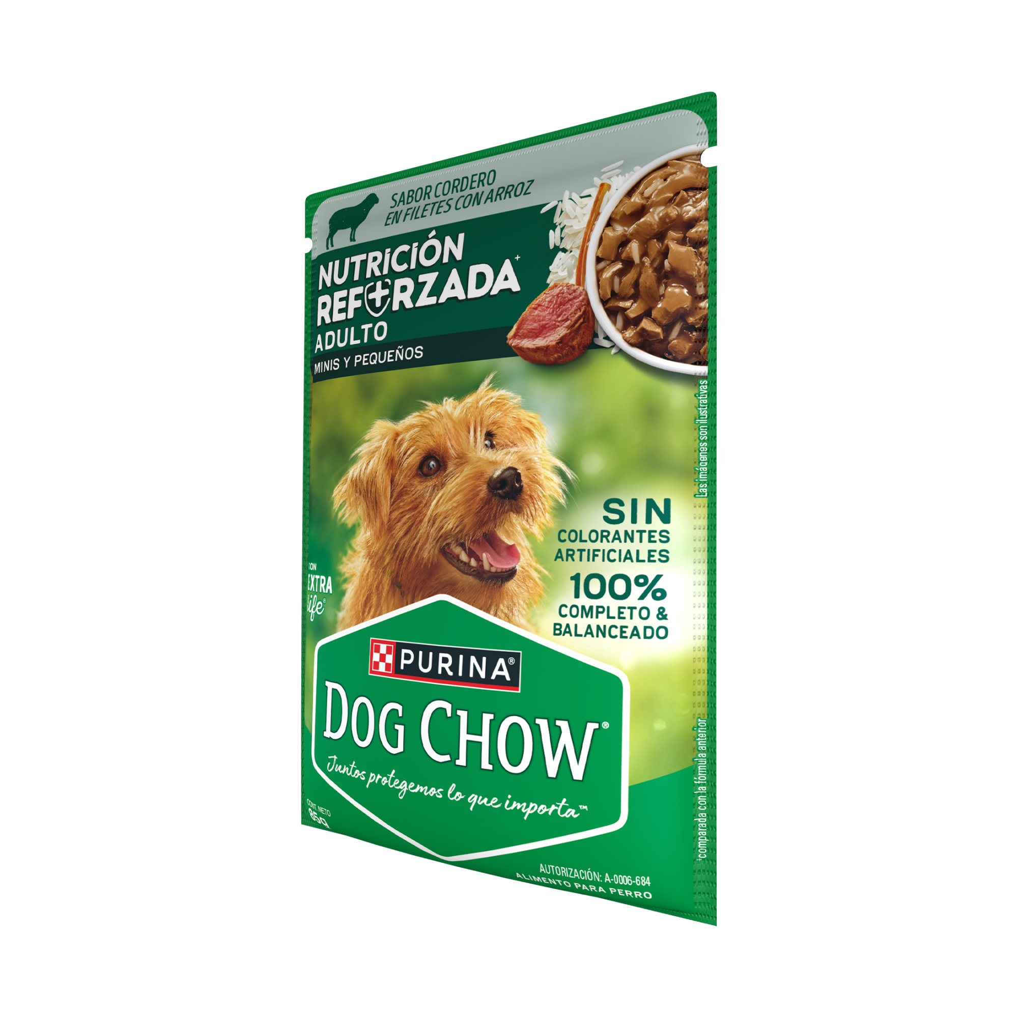Empaque de DOG CHOW® NUTRICIÓN REFORZADA® ADULTO MINIS & PEQUEÑOS Sabor Cordero en Filetes con Arroz, vista lateral