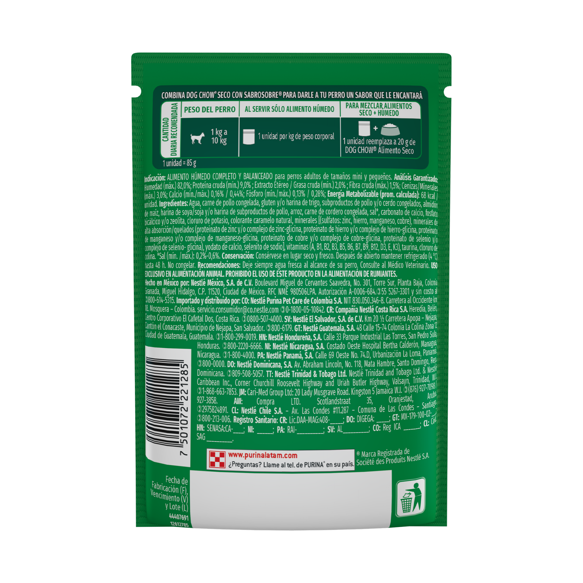 Empaque de DOG CHOW® NUTRICIÓN REFORZADA® ADULTO MINIS & PEQUEÑOS Sabor Cordero en Filetes con Arroz, vista posterior
