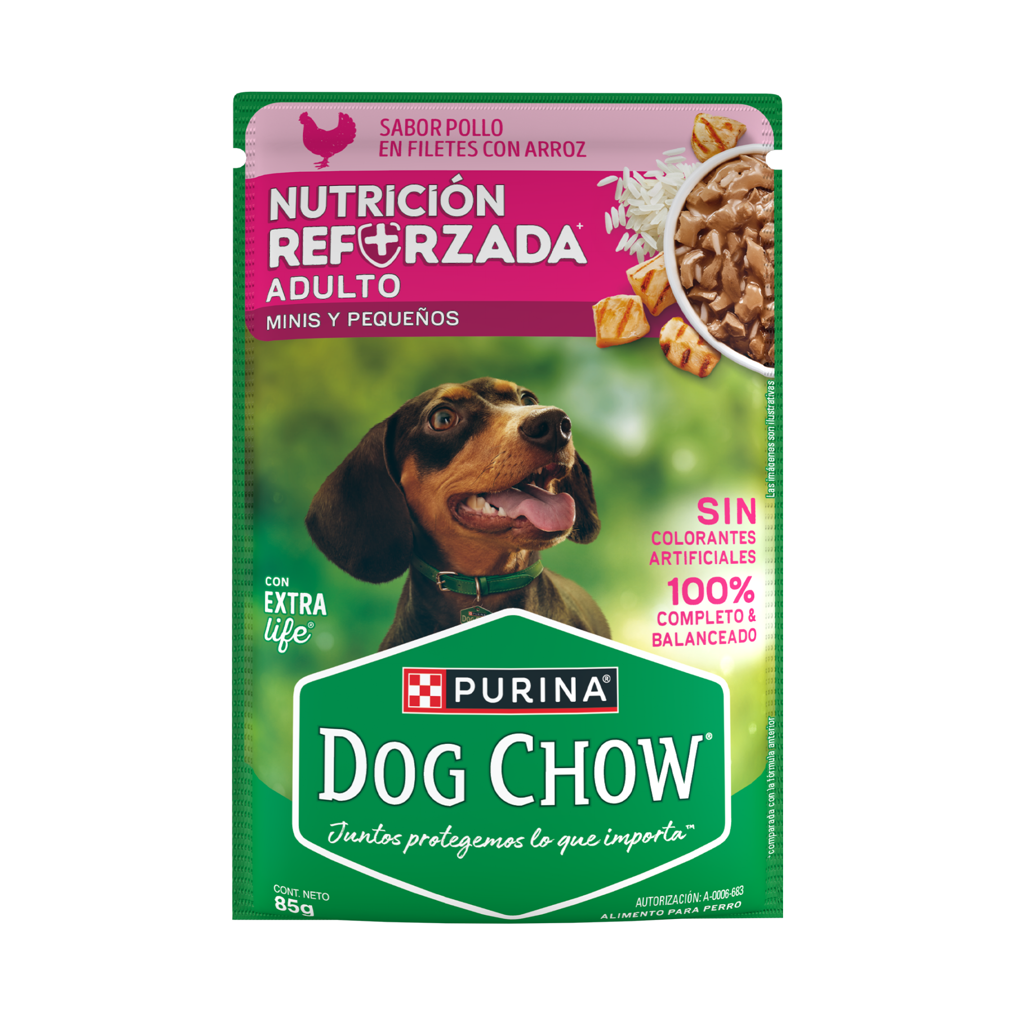 Empaque de DOG CHOW® NUTRICIÓN REFORZADA® ADULTO MINIS & PEQUEÑOS Sabor Pollo en Filetes con Arroz, vista frontal