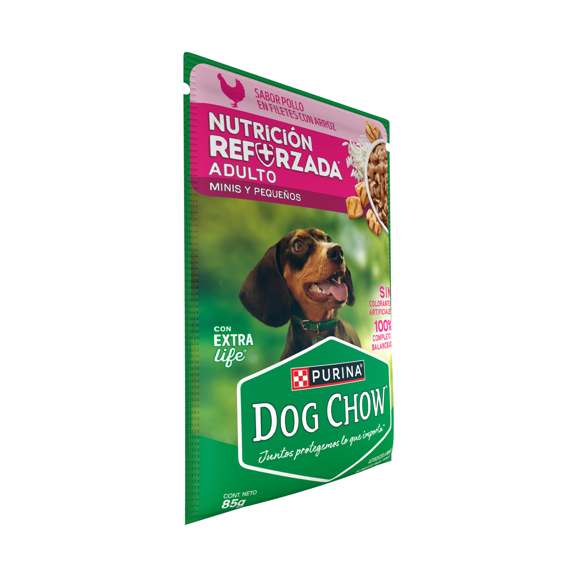 Empaque de DOG CHOW® NUTRICIÓN REFORZADA® ADULTO MINIS & PEQUEÑOS Sabor Pollo en Filetes con Arroz, vista lateral