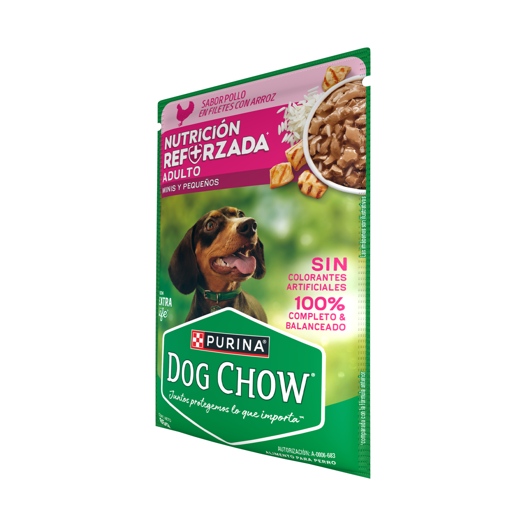 Empaque de DOG CHOW® NUTRICIÓN REFORZADA® ADULTO MINIS & PEQUEÑOS Sabor Pollo en Filetes con Arroz, vista lateral