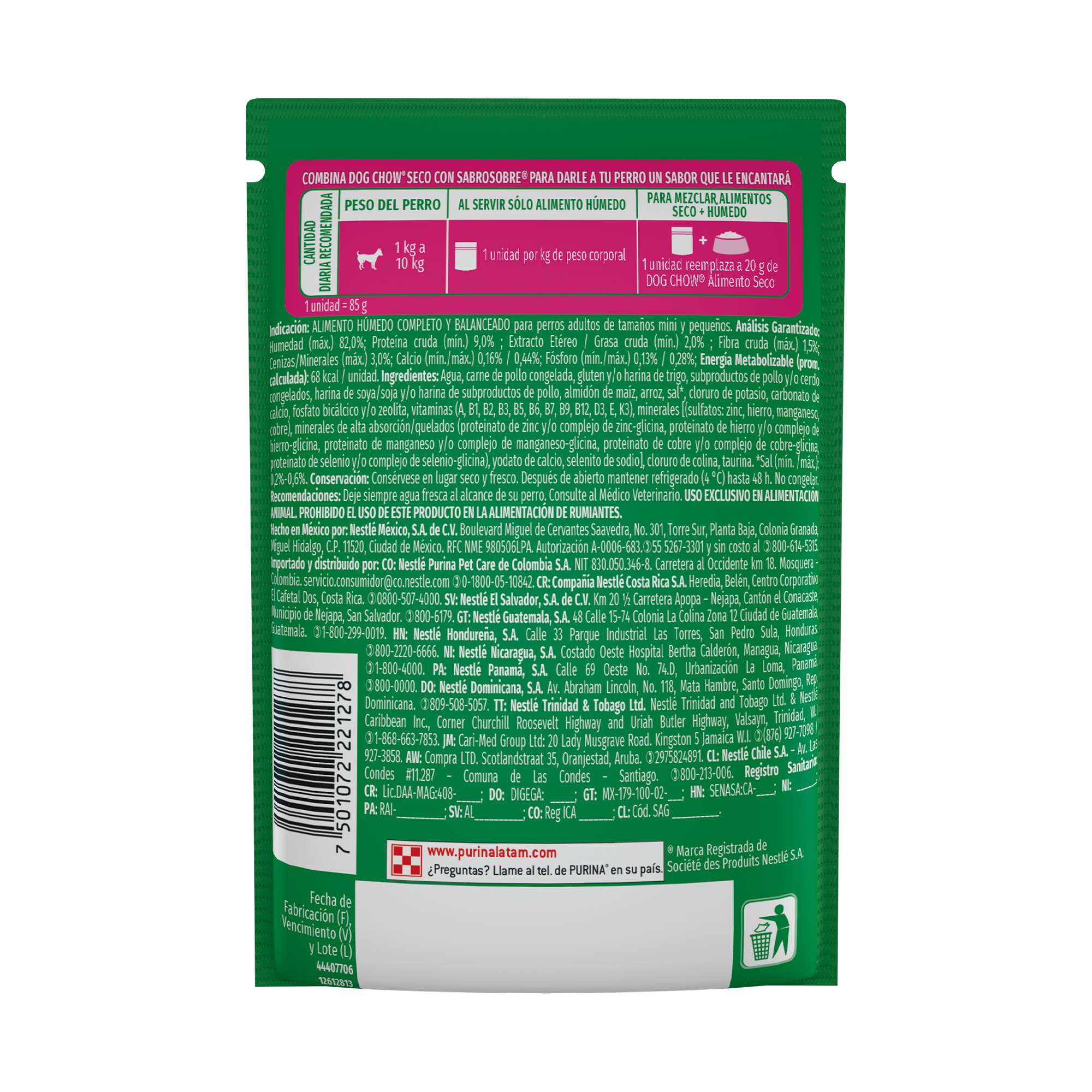 Empaque de DOG CHOW® NUTRICIÓN REFORZADA® ADULTO MINIS & PEQUEÑOS Sabor Pollo en Filetes con Arroz, vista posterior