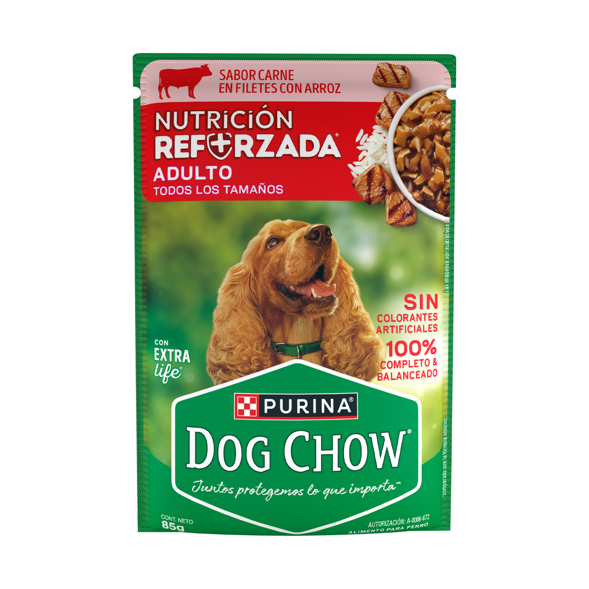 Empaque de DOG CHOW® NUTRICIÓN REFORZADA® ADULTO Sabor Carne en Filetes con Arroz, vista frontal