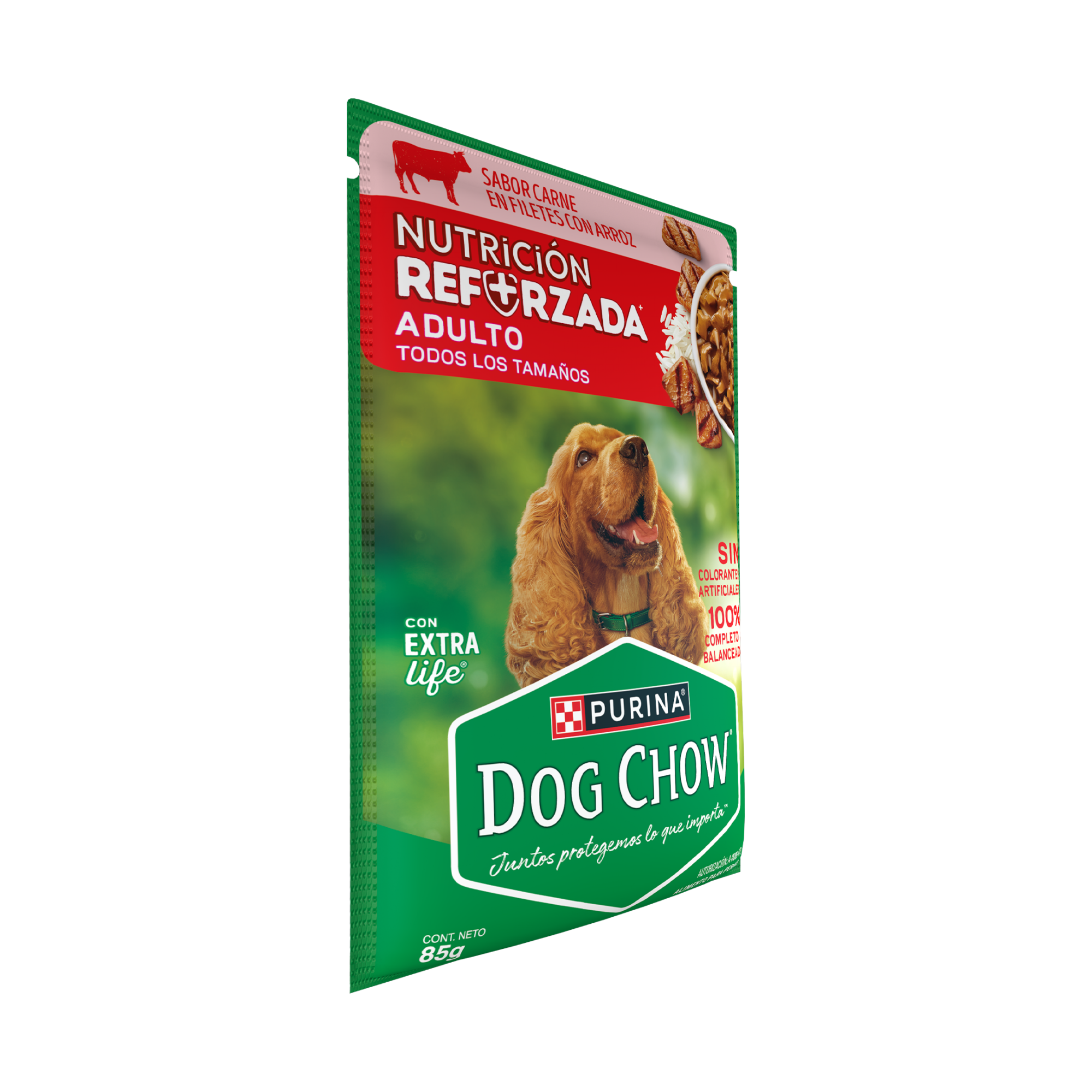 Empaque de DOG CHOW® NUTRICIÓN REFORZADA® ADULTO Sabor Carne en Filetes con Arroz, vista lateral