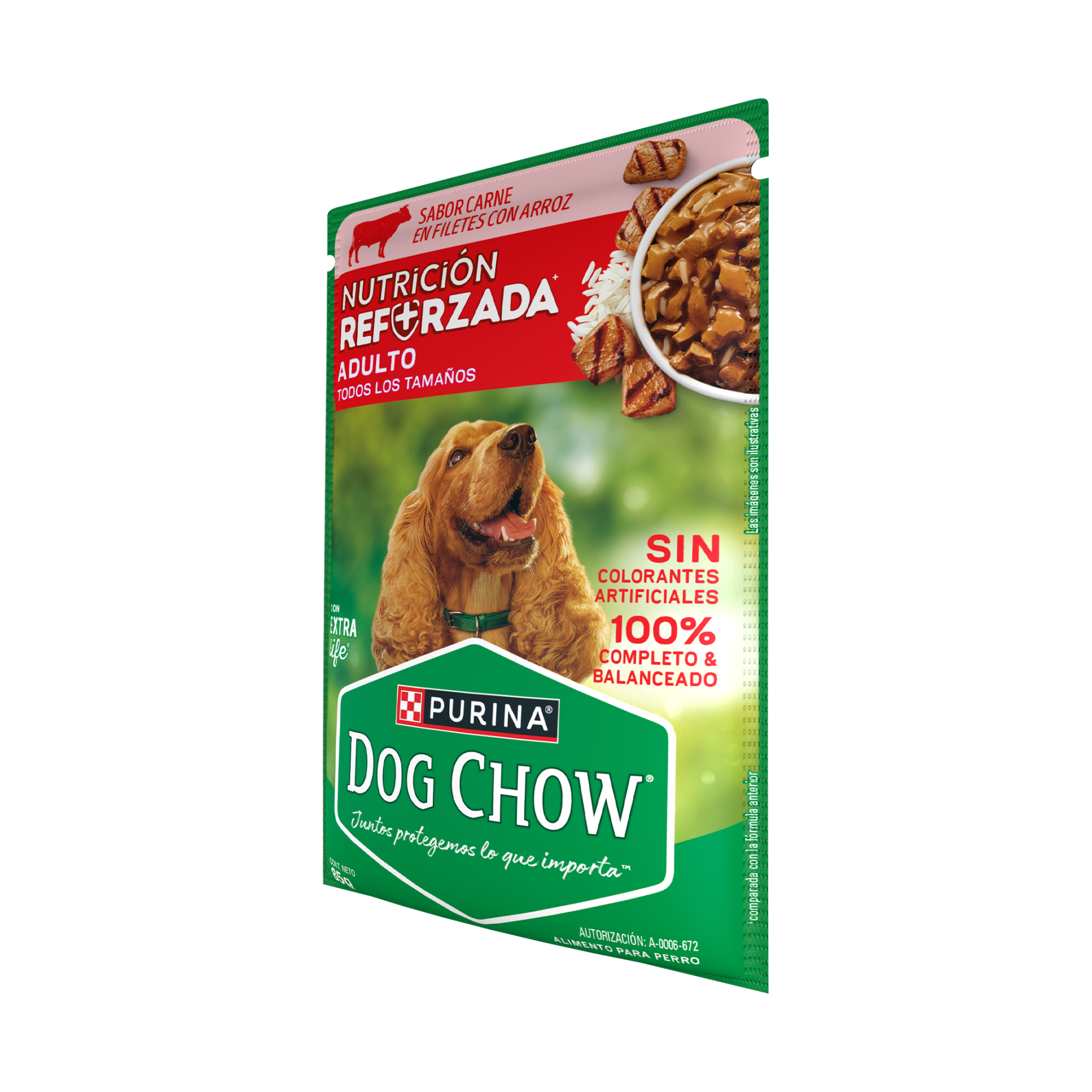 Empaque de DOG CHOW® NUTRICIÓN REFORZADA® ADULTO Sabor Carne en Filetes con Arroz, vista lateral