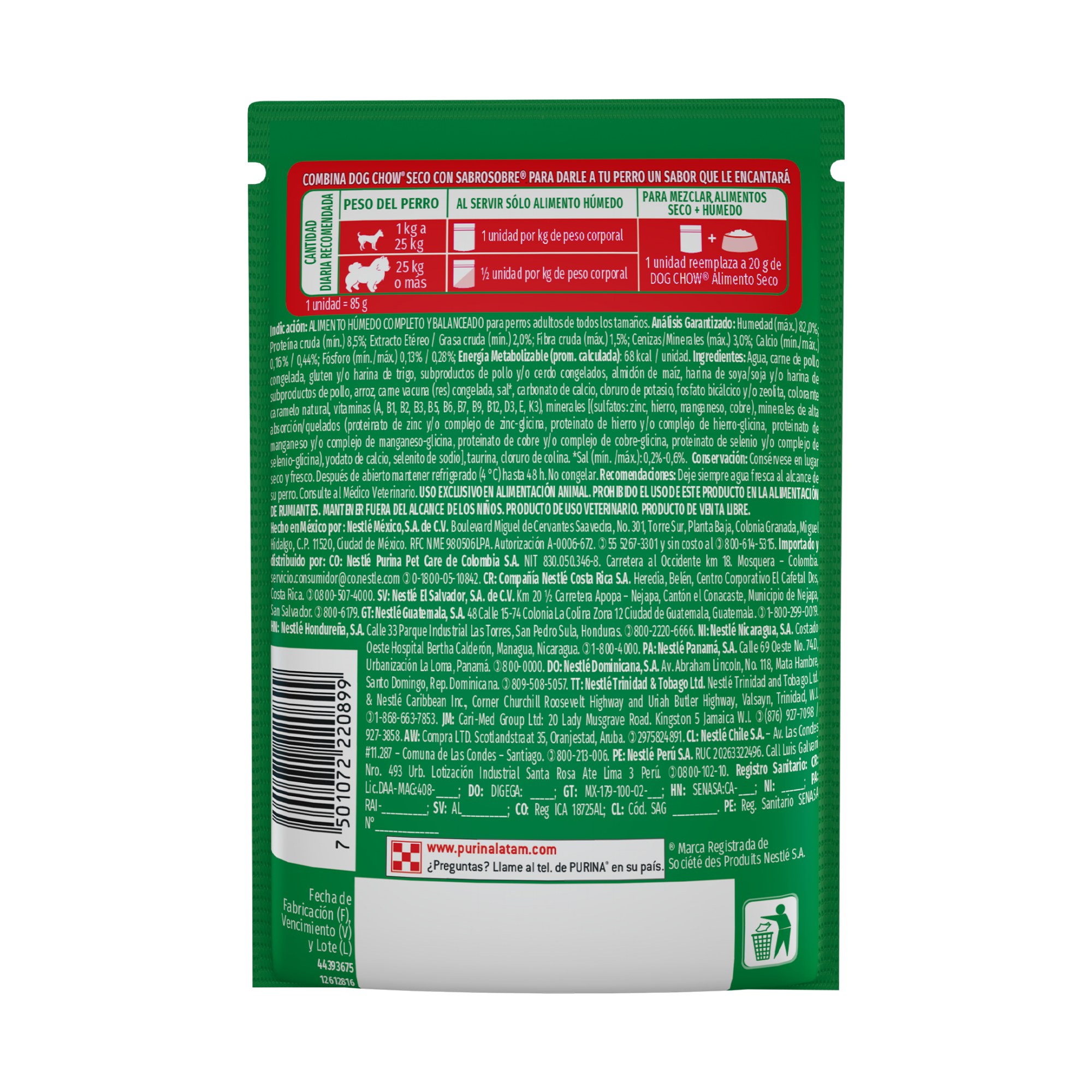 Empaque de DOG CHOW® NUTRICIÓN REFORZADA® ADULTO Sabor Carne en Filetes con Arroz, vista posterior