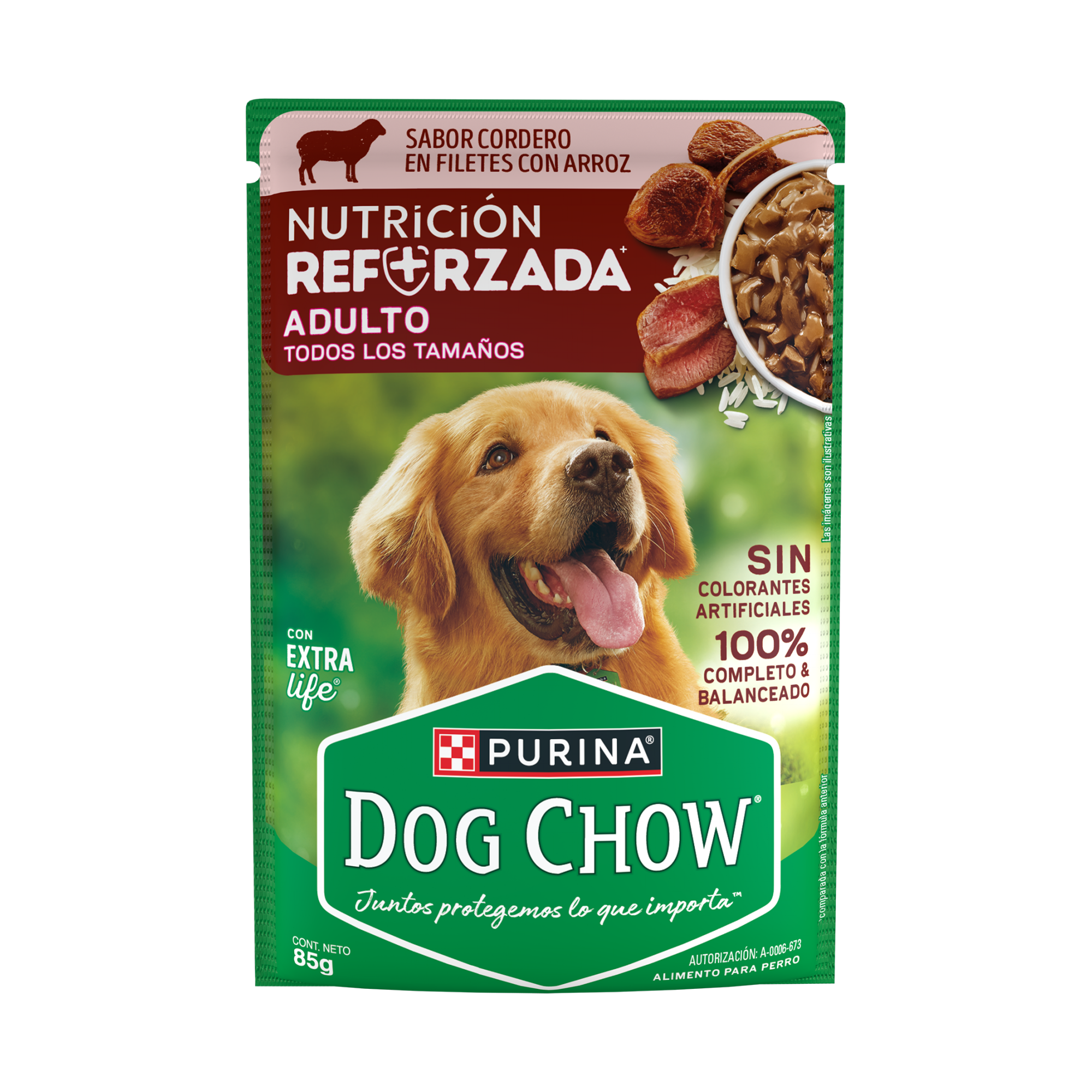 Empaque de DOG CHOW® NUTRICIÓN REFORZADA® ADULTO Sabor Cordero en Filetes con Arroz, vista frontal
