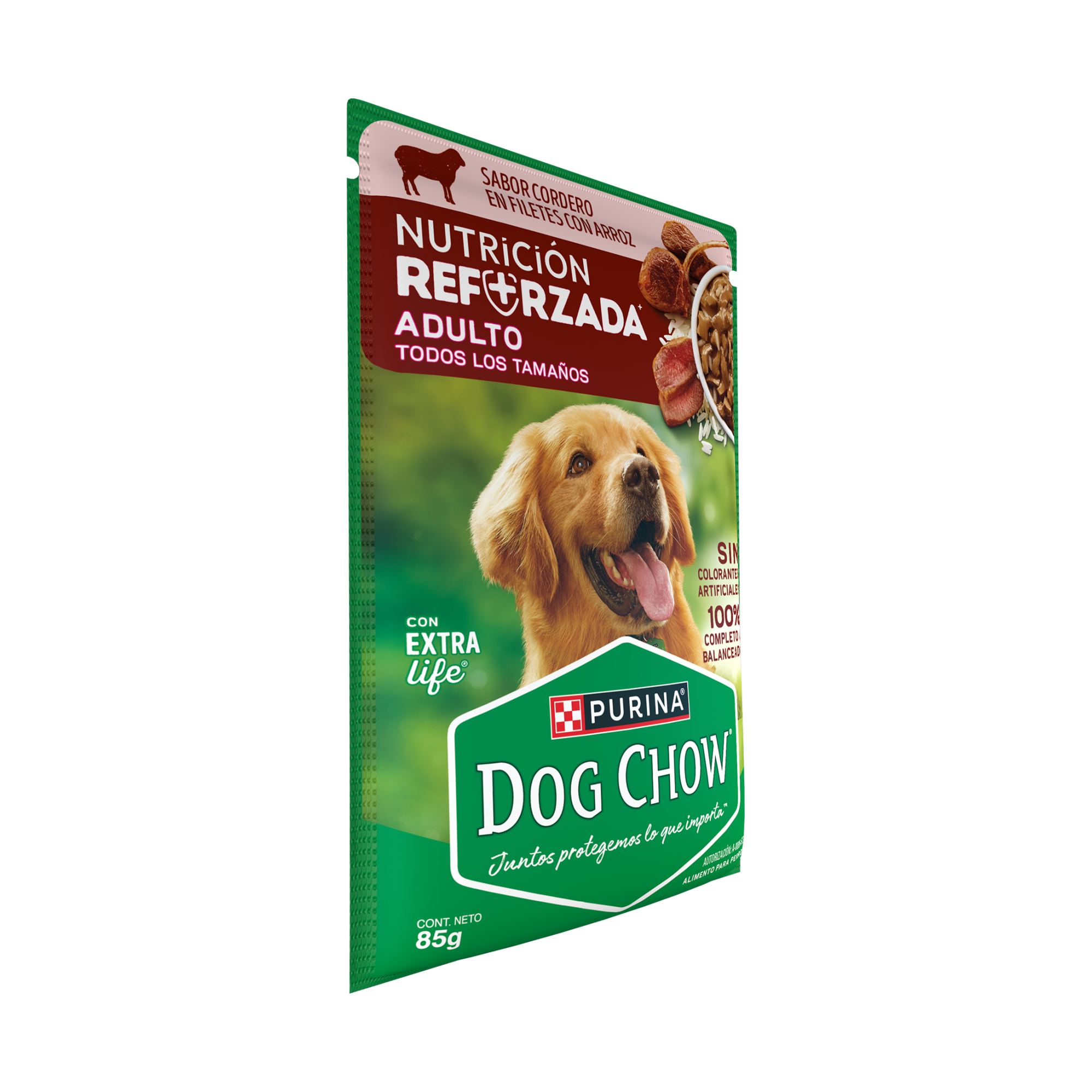 Empaque de DOG CHOW® NUTRICIÓN REFORZADA® ADULTO Sabor Cordero en Filetes con Arroz, vista lateral