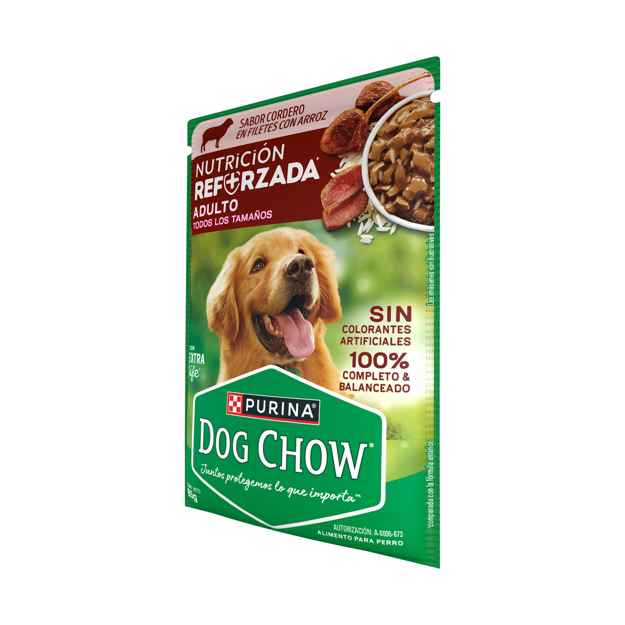 Empaque de DOG CHOW® NUTRICIÓN REFORZADA® ADULTO Sabor Cordero en Filetes con Arroz, vista lateral