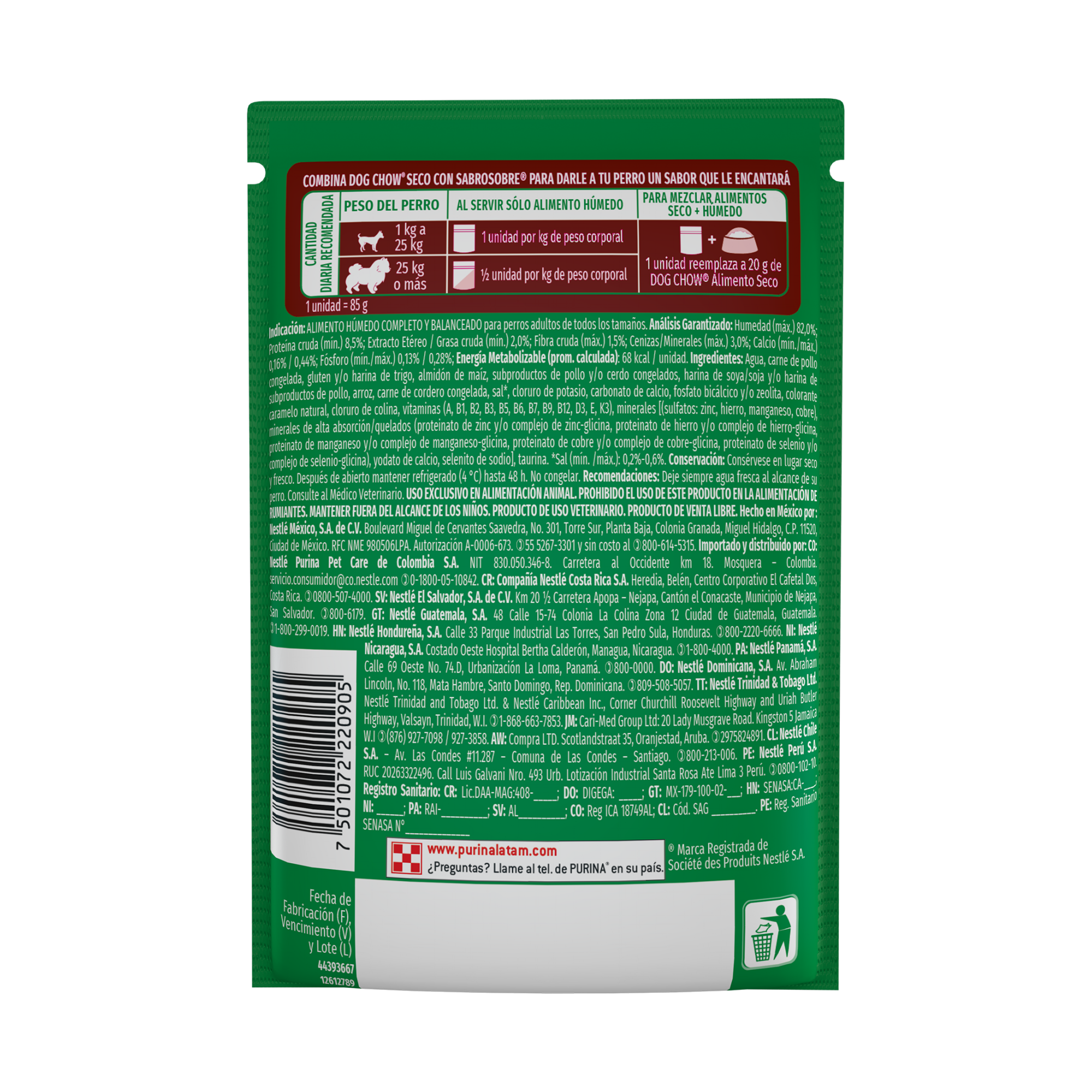 Empaque de DOG CHOW® NUTRICIÓN REFORZADA® ADULTO Sabor Cordero en Filetes con Arroz, vista posterior