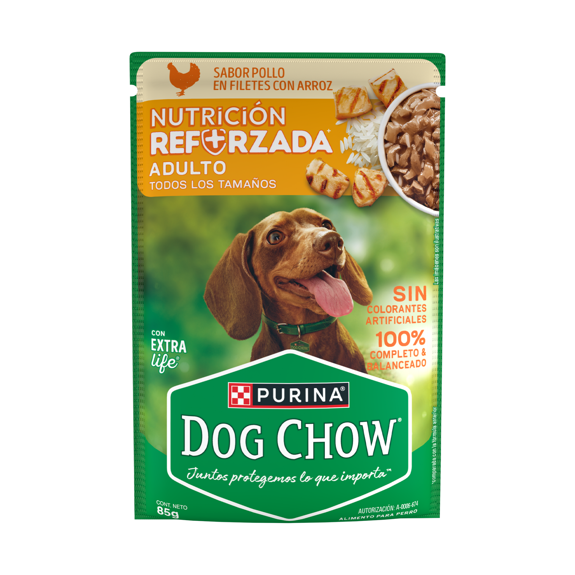 Empaque de DOG CHOW® NUTRICIÓN REFORZADA® ADULTO Sabor Pollo en Filetes con Arroz, vista frontal