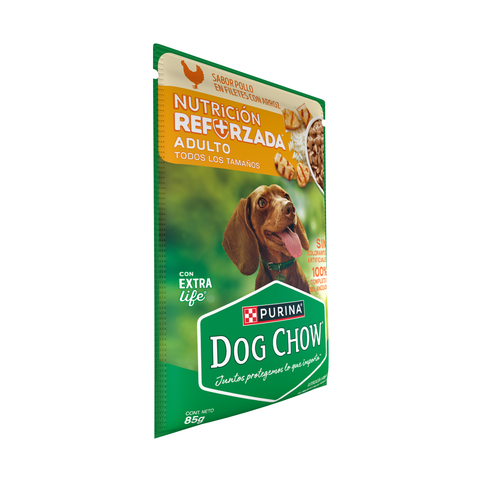 Empaque de DOG CHOW® NUTRICIÓN REFORZADA® ADULTO Sabor Pollo en Filetes con Arroz, vista lateral