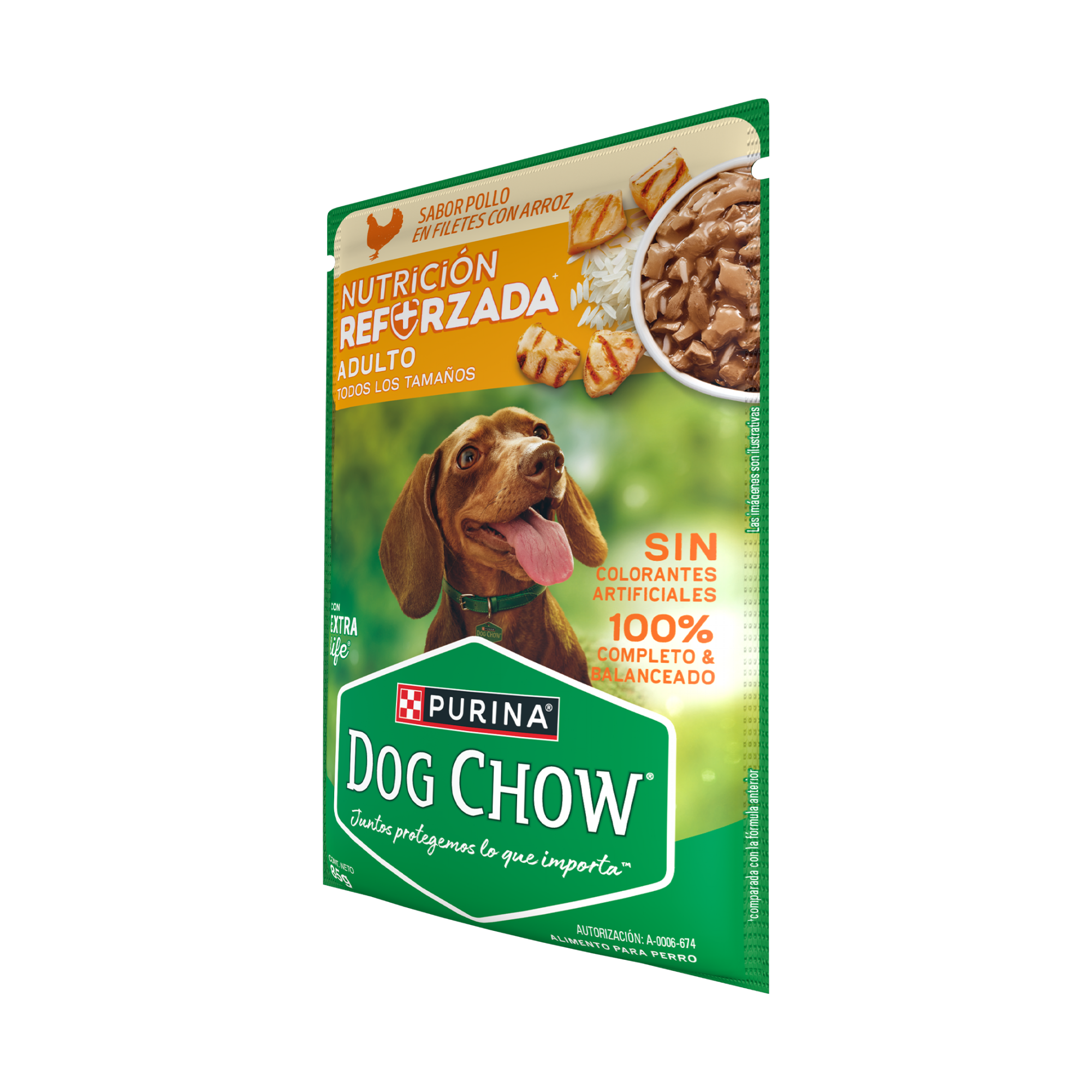 Empaque de DOG CHOW® NUTRICIÓN REFORZADA® ADULTO Sabor Pollo en Filetes con Arroz, vista lateral