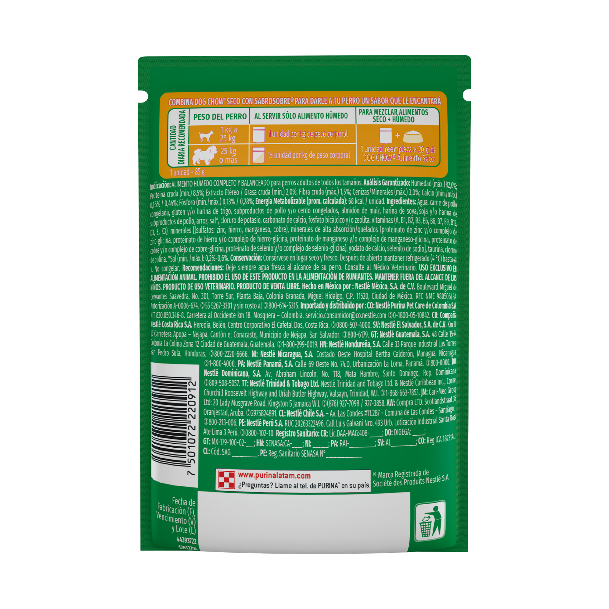 Empaque de DOG CHOW® NUTRICIÓN REFORZADA® ADULTO Sabor Pollo en Filetes con Arroz, vista posterior
