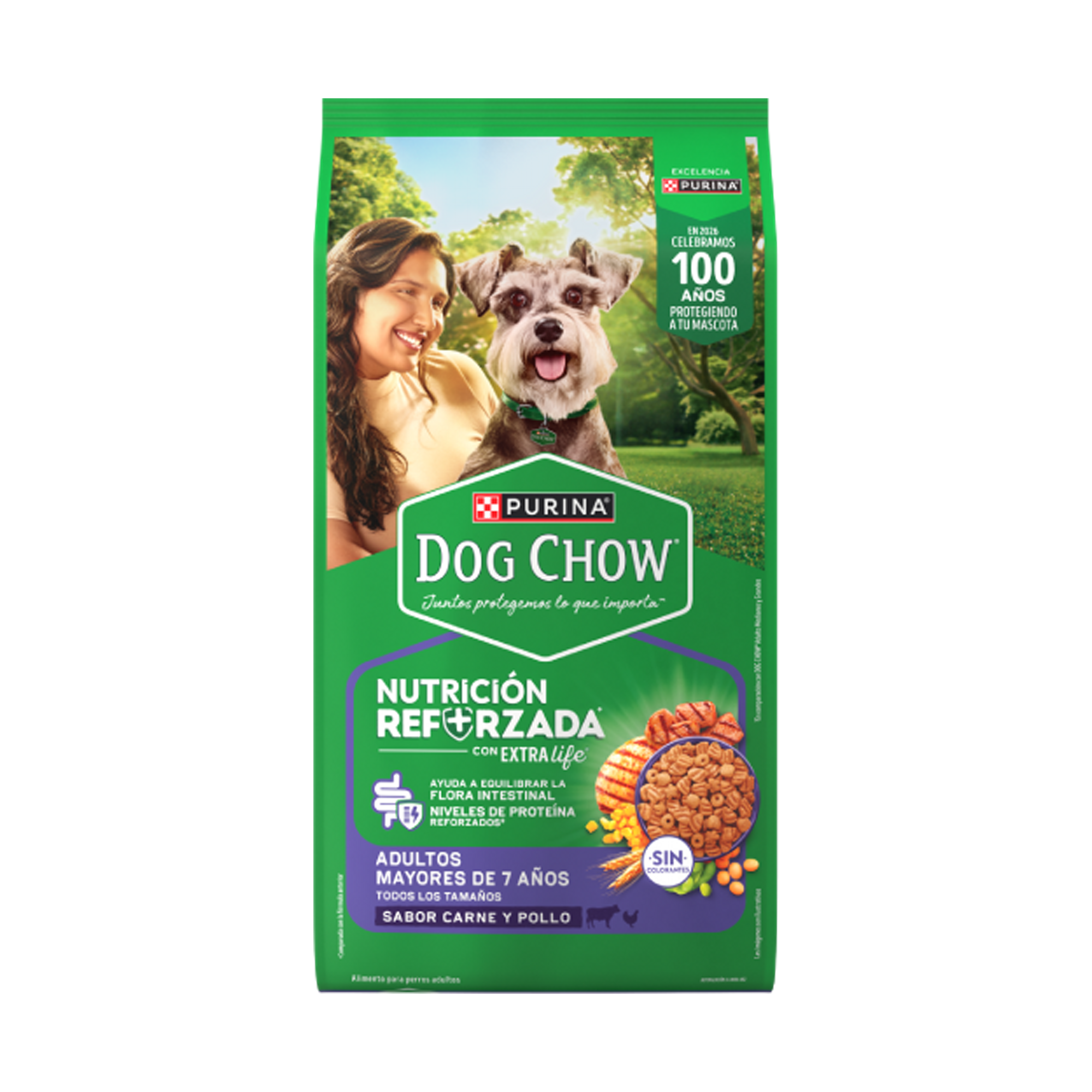 Empaque de DOG CHOW® NUTRICIÓN REFORZADA+ Adultos Mayores de 7 años Todos los tamaños, vista frontal