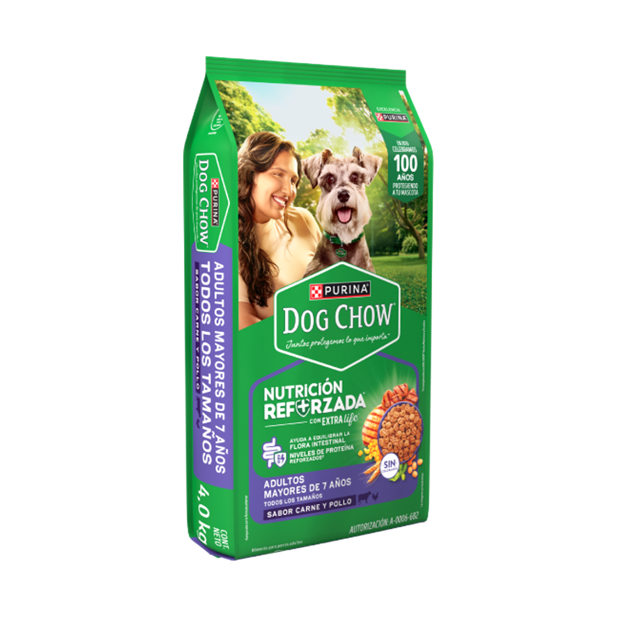 Empaque de DOG CHOW® NUTRICIÓN REFORZADA+ Adultos Mayores de 7 años Todos los tamaños, vista lateral