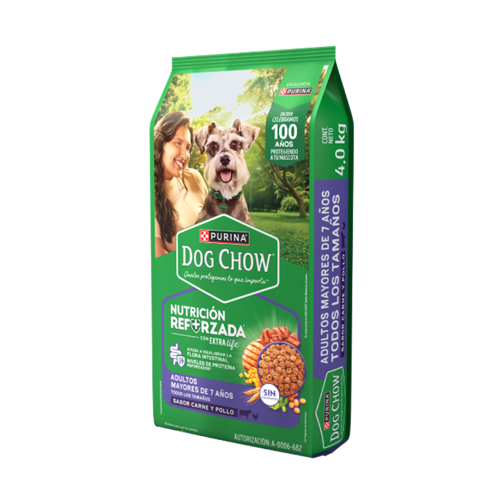 Empaque de DOG CHOW® NUTRICIÓN REFORZADA+ Adultos Mayores de 7 años Todos los tamaños, vista lateral