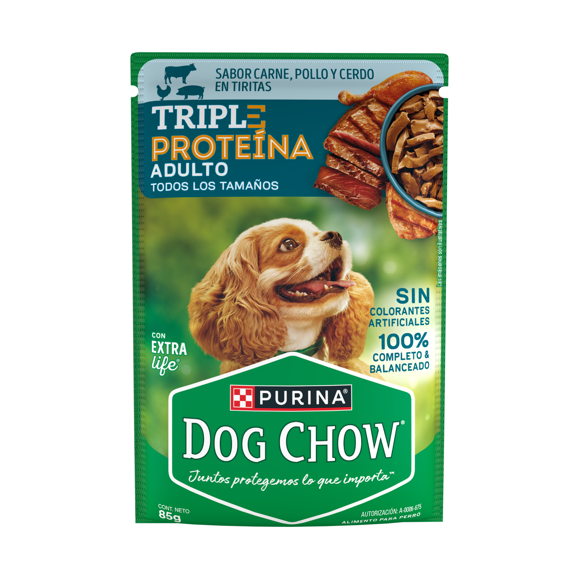 Empaque de DOG CHOW® TRIPLE PROTEÍNA ADULTO Sabor Carne, Pollo y Cerdo en Tiritas, vista frontal