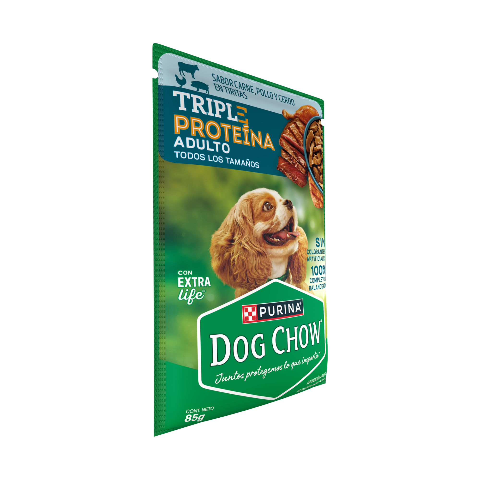 Empaque de DOG CHOW® TRIPLE PROTEÍNA ADULTO Sabor Carne, Pollo y Cerdo en Tiritas, vista lateral