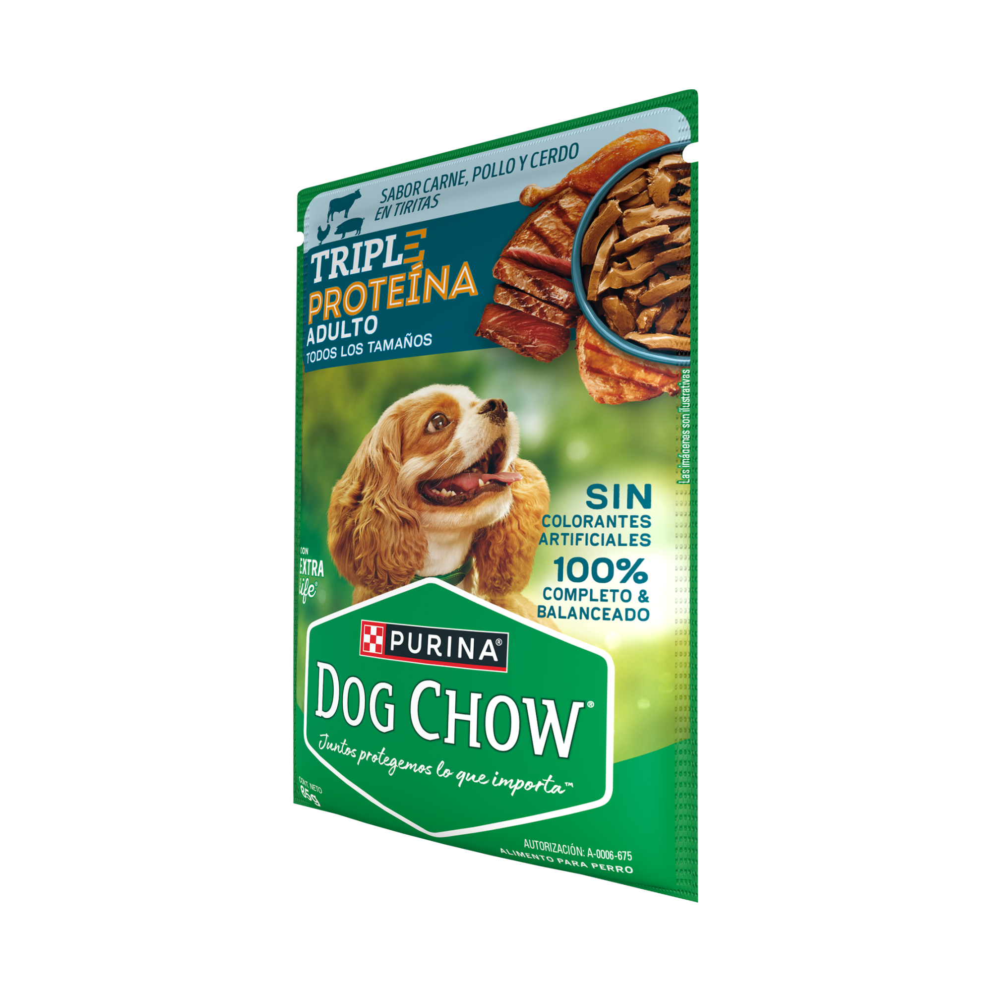 Empaque de DOG CHOW® TRIPLE PROTEÍNA ADULTO Sabor Carne, Pollo y Cerdo en Tiritas, vista lateral