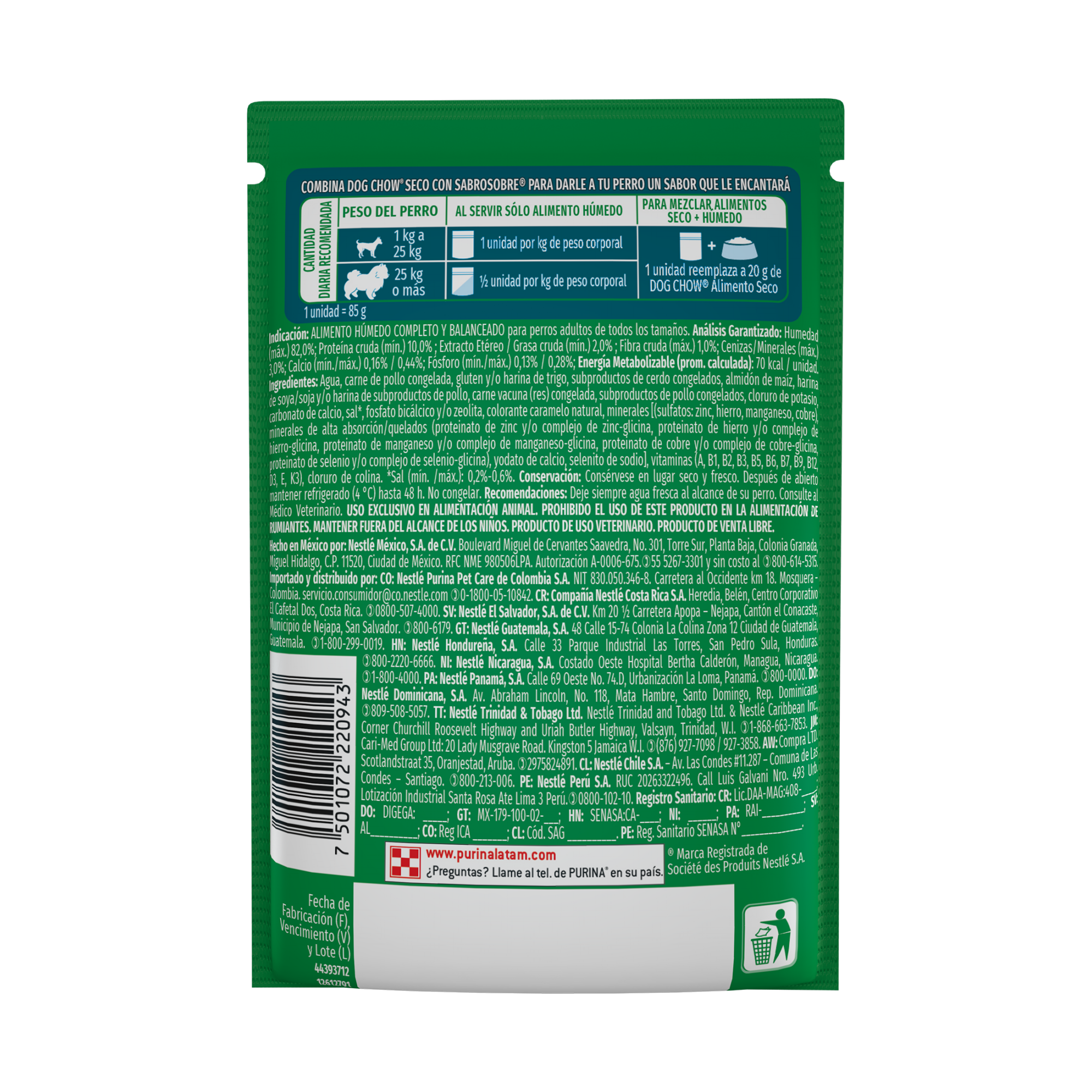 Empaque de DOG CHOW® TRIPLE PROTEÍNA ADULTO Sabor Carne, Pollo y Cerdo en Tiritas, vista posterior