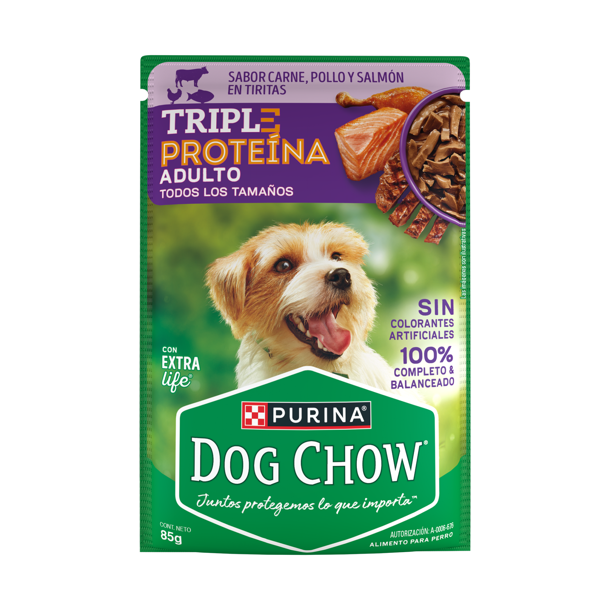 Empaque de DOG CHOW® TRIPLE PROTEÍNA ADULTO Sabor Carne, Pollo y Salmón en Tiritas, vista frontal
