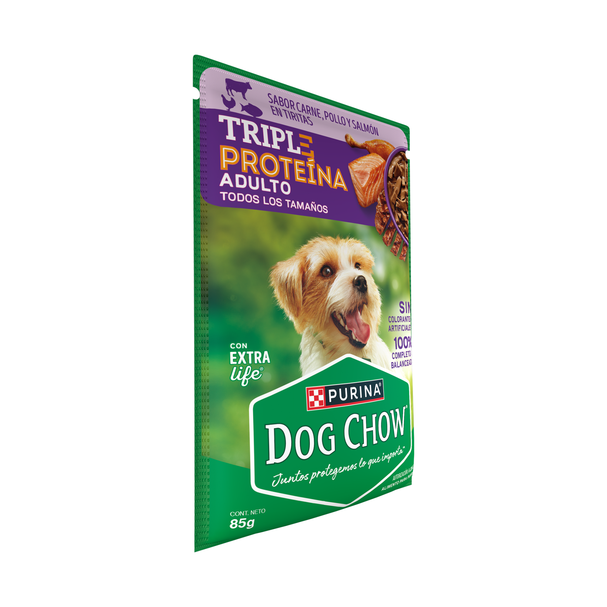 Empaque de DOG CHOW® TRIPLE PROTEÍNA ADULTO Sabor Carne, Pollo y Salmón en Tiritas, vista lateral