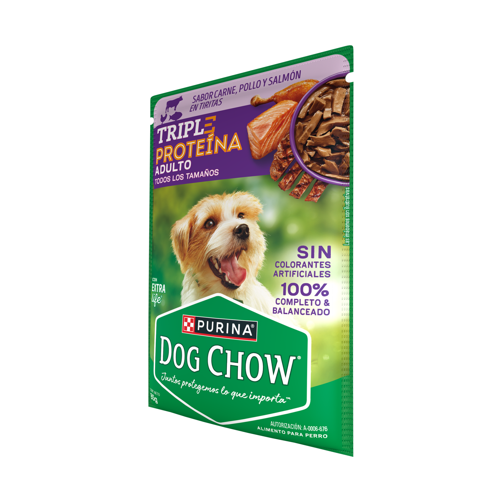 Empaque de DOG CHOW® TRIPLE PROTEÍNA ADULTO Sabor Carne, Pollo y Salmón en Tiritas, vista lateral