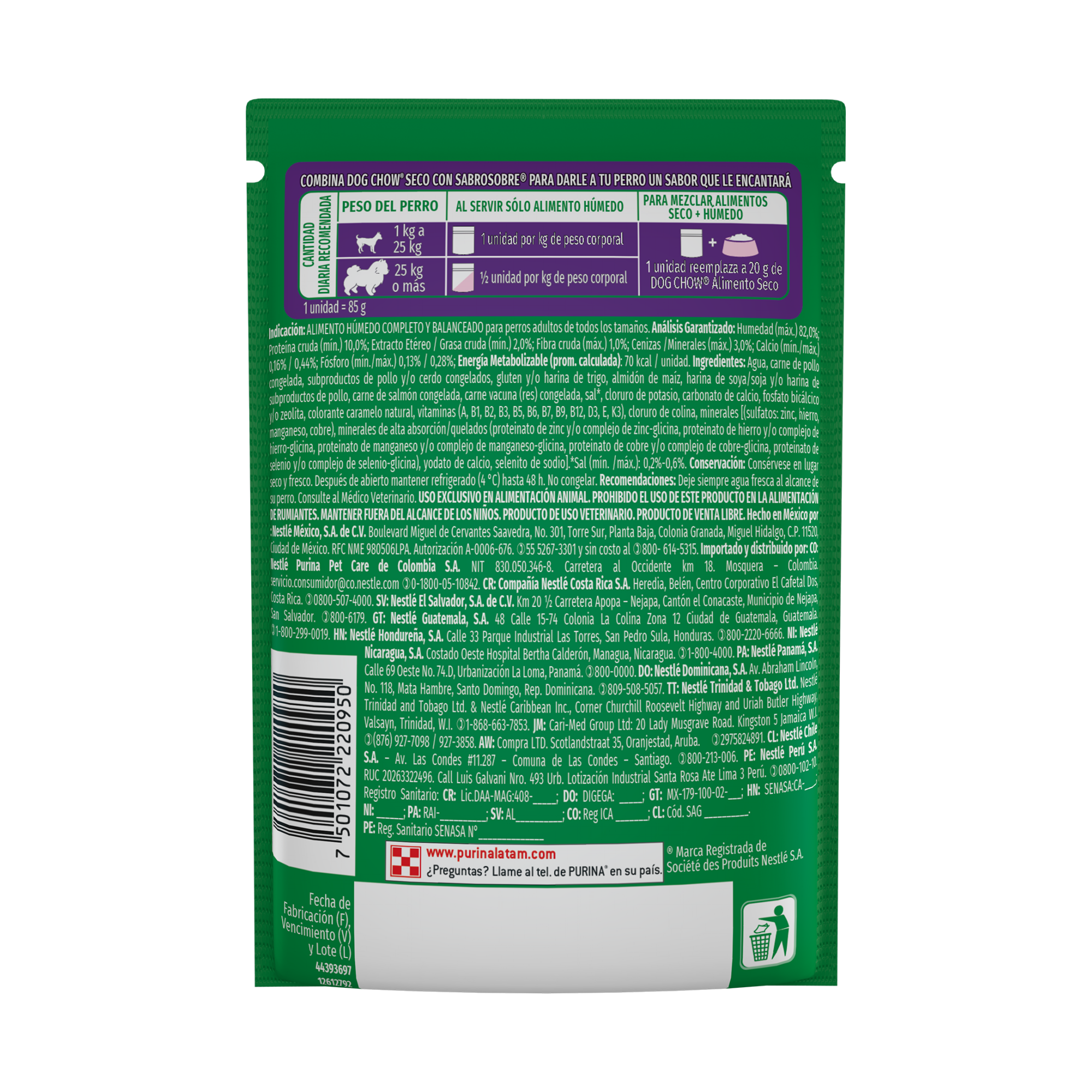 Empaque de DOG CHOW® TRIPLE PROTEÍNA ADULTO Sabor Carne, Pollo y Salmón en Tiritas, vista posterior