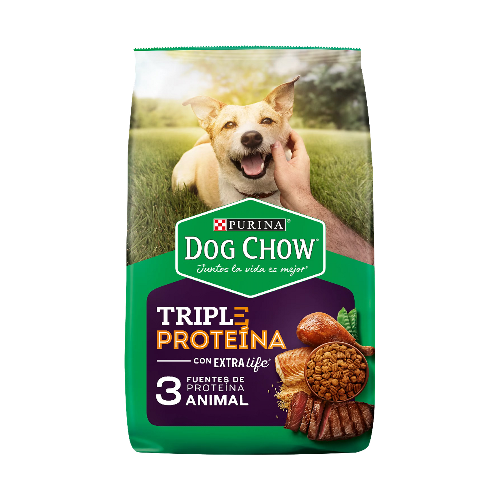 Empaque de Dog Chow triple proteína adultos todos los tamaños, vista frontal