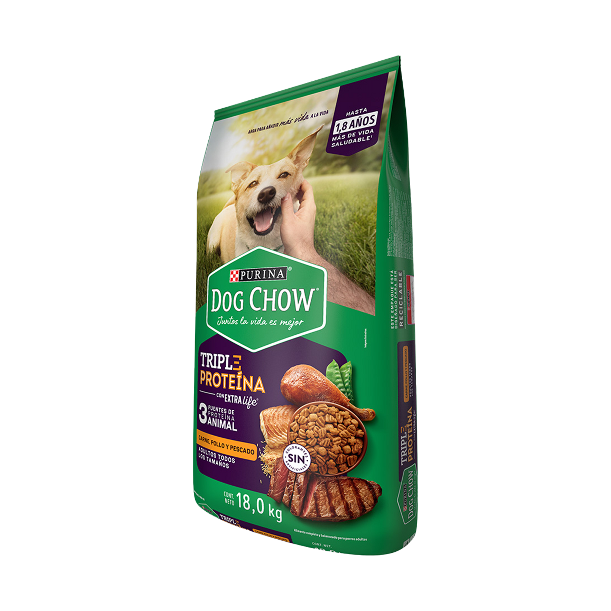 Empaque de Dog Chow triple proteína adultos todos los tamaños, vista lateral