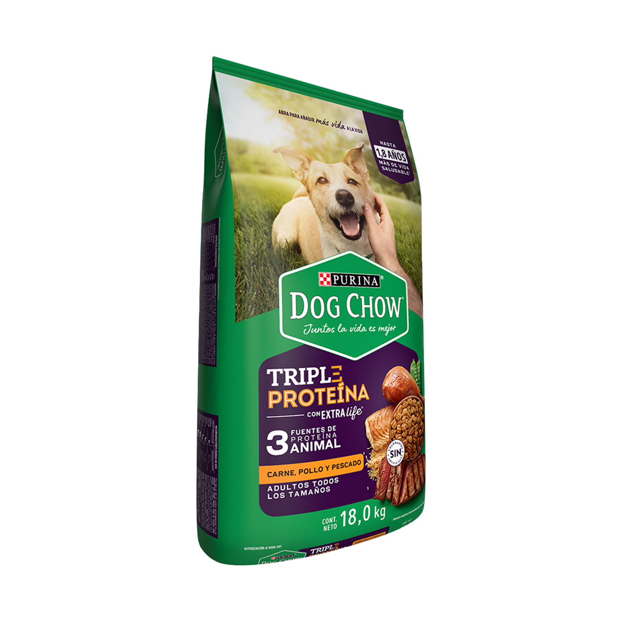 Empaque de Dog Chow triple proteína adultos todos los tamaños, vista lateral