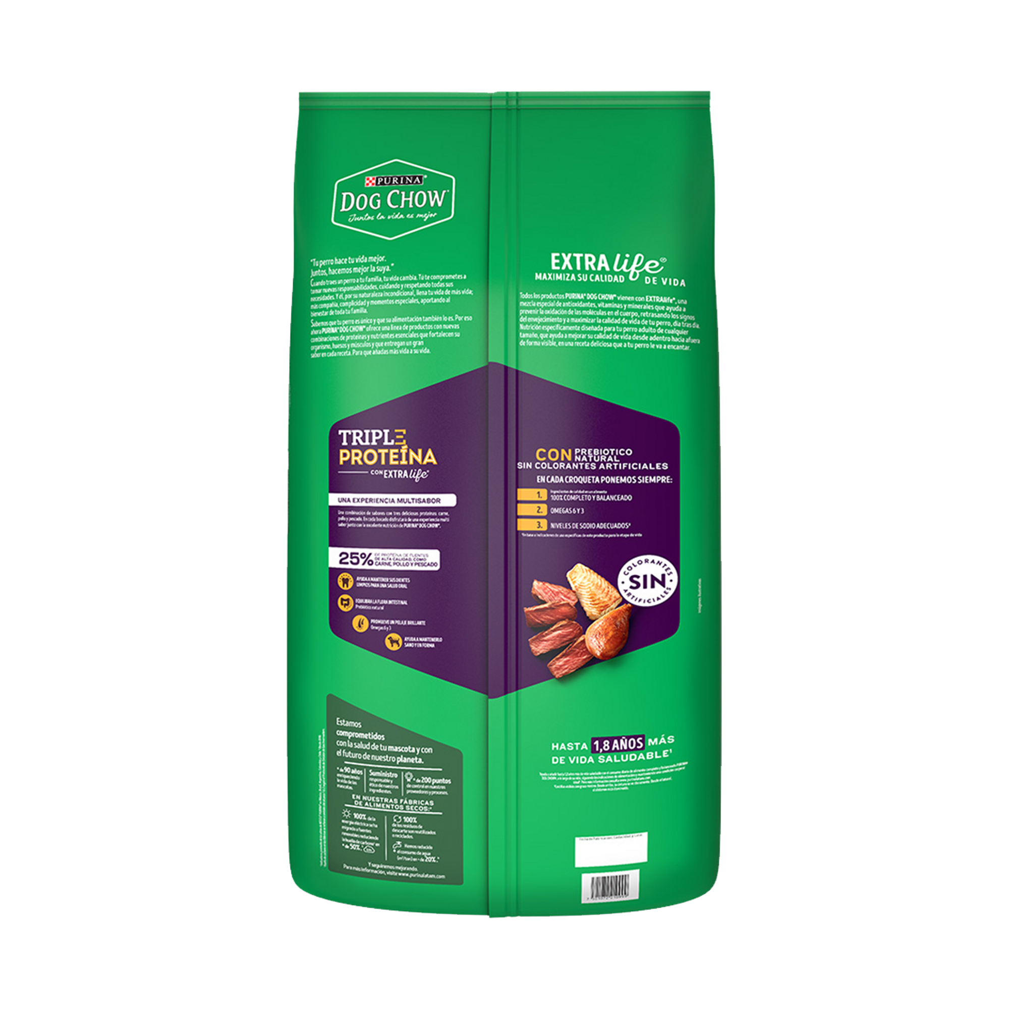 Empaque de Dog Chow triple proteína adultos todos los tamaños, vista posterior