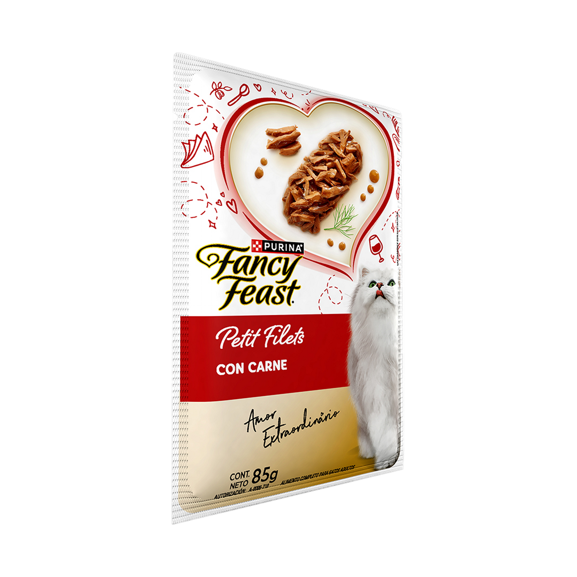 Empaque de Fancy Feast Alimento Húmedo Para Gatos Adultos Petit Filets Sabor Carne 85 g, vista lateral