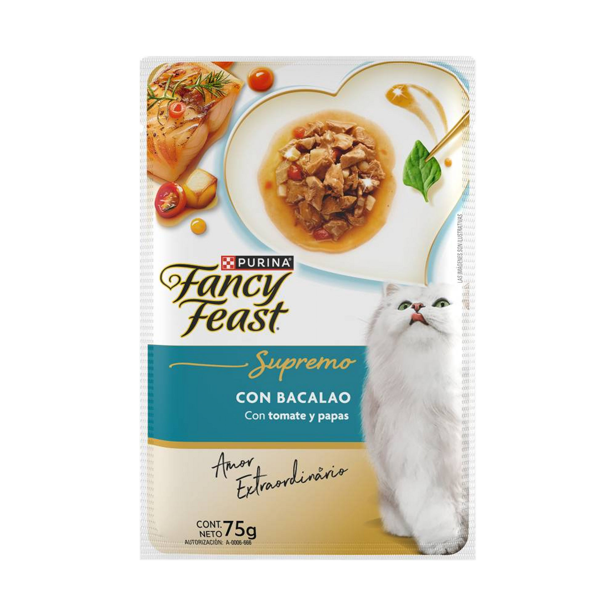 Empaque de Fancy Feast Alimento Húmedo Para Gatos Adultos Supremo Adulto Sabor Bacalao 75 g, vista frontal