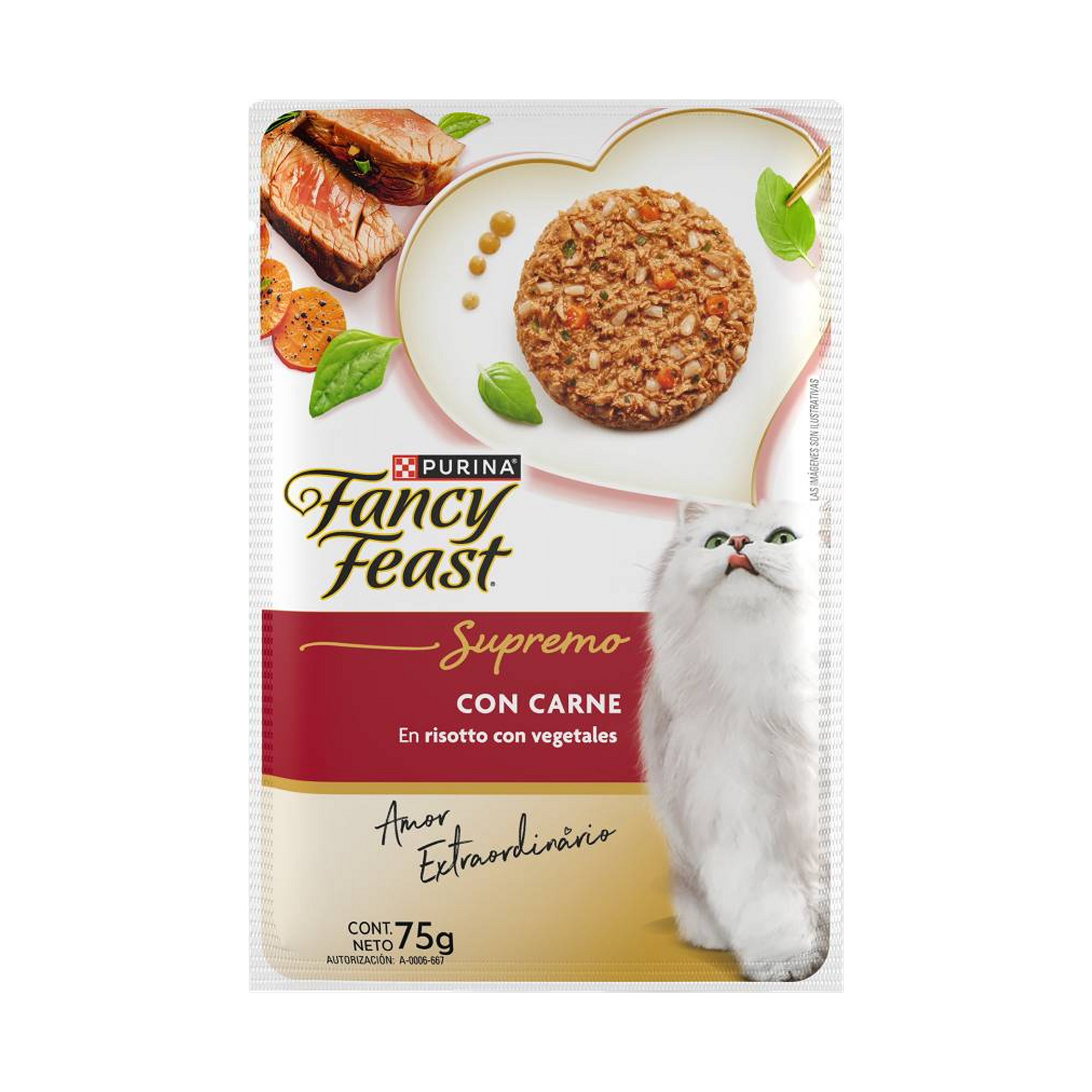 Empaque de Fancy Feast Alimento Húmedo Para Gatos Adultos Supremo Adulto Sabor Carne Vegetal 75 g, vista frontal