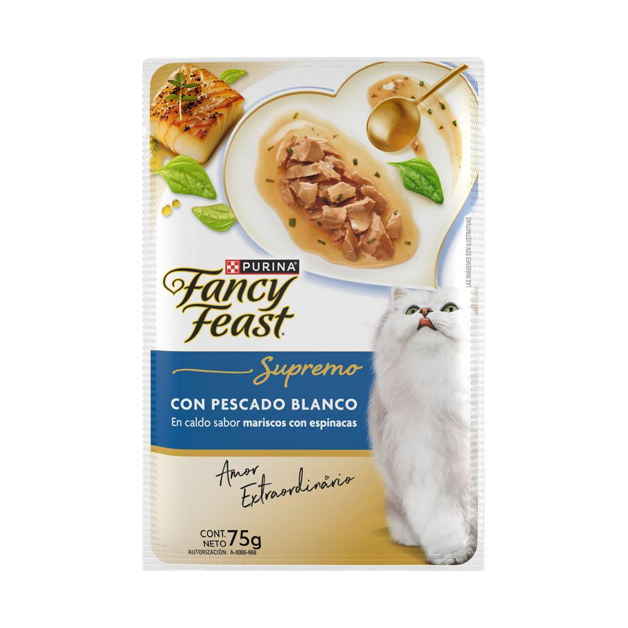 Empaque de Fancy Feast Alimento Húmedo Para Gatos Adultos Supremo Adulto Sabor Pescado Blanco 75 g, vista frontal