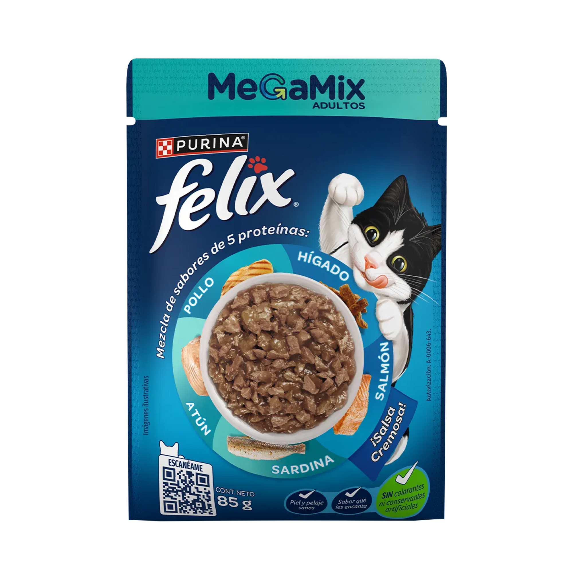 Empaque de Felix Alimento Húmedo Para Gatos Adultos Megamix Sabor Pollo, Atún, Sardina, Salmón e Hígado 85 gr, vista frontal