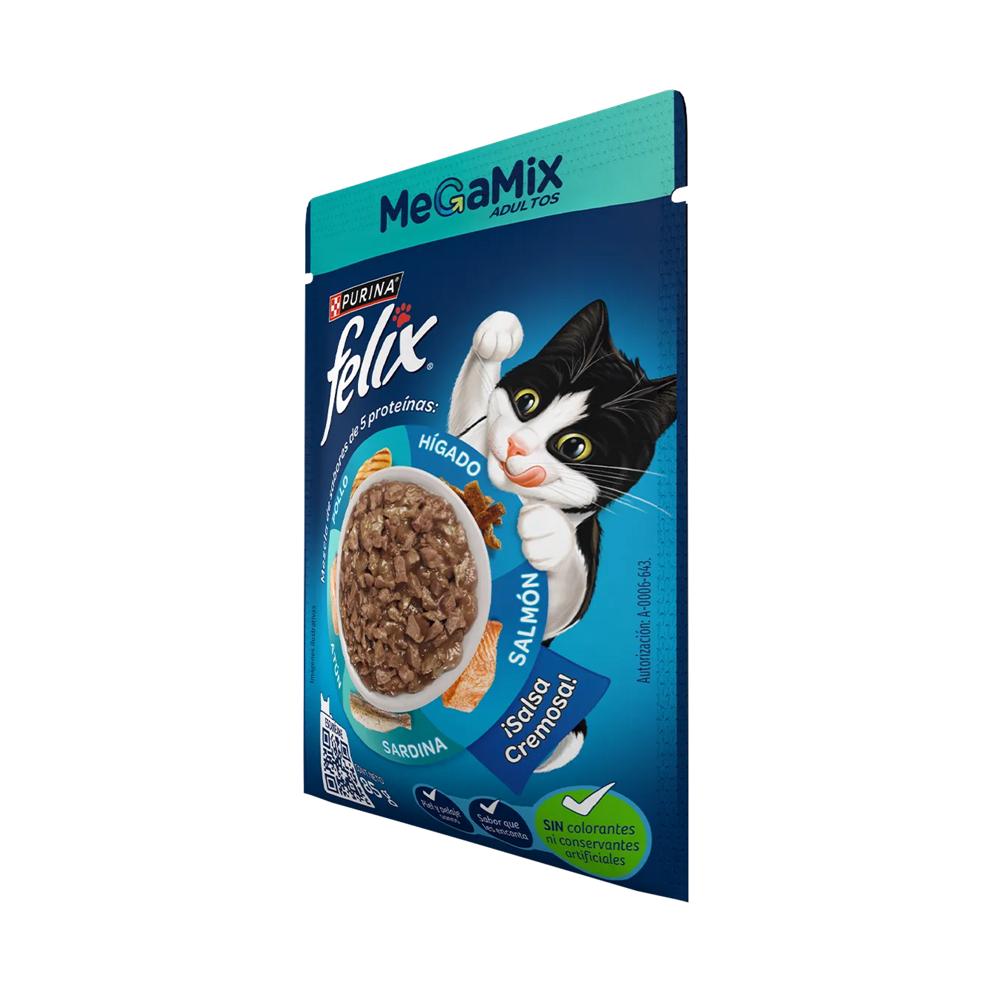 Empaque de Felix Alimento Húmedo Para Gatos Adultos Megamix Sabor Pollo, Atún, Sardina, Salmón e Hígado 85 gr, vista lateral