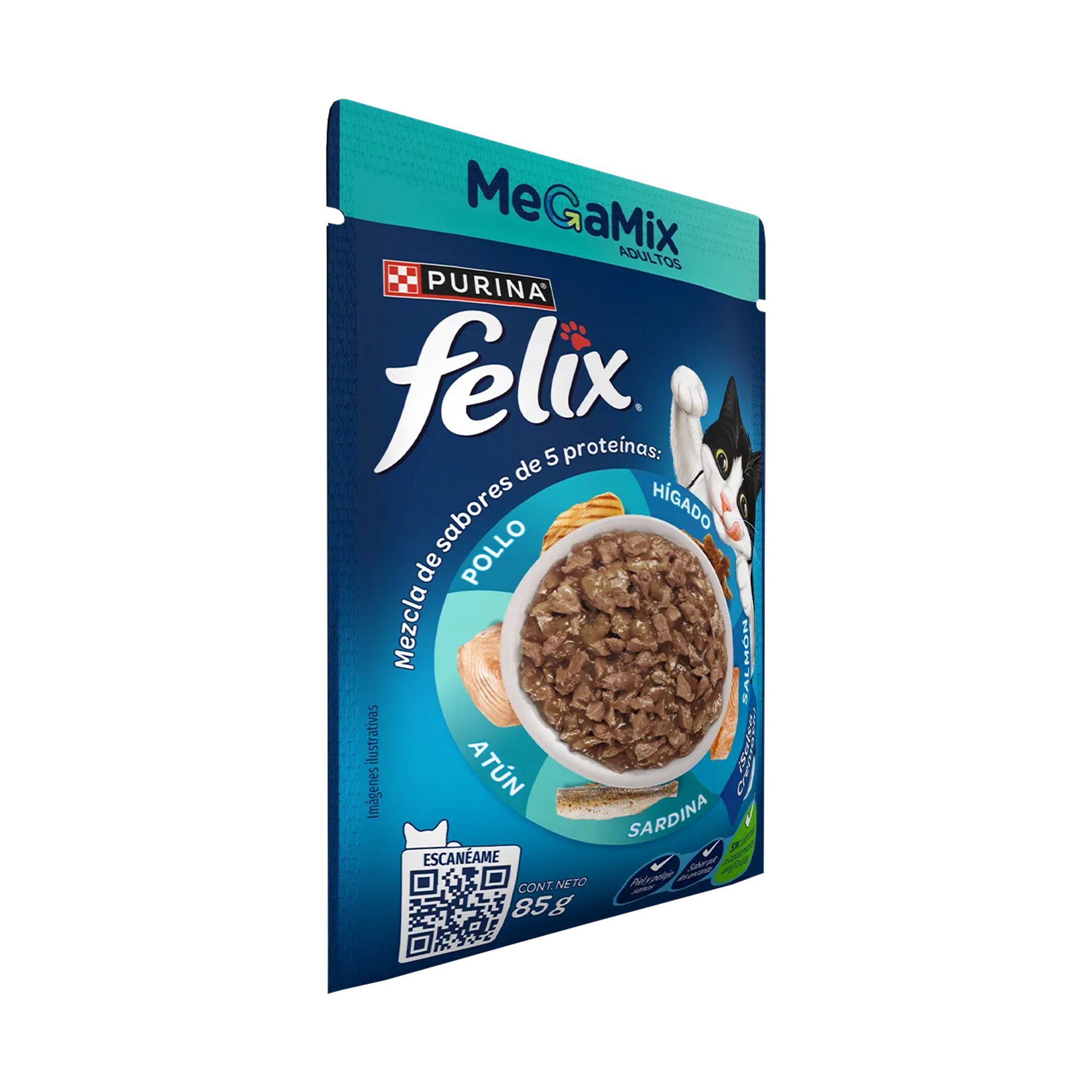 Empaque de Felix Alimento Húmedo Para Gatos Adultos Megamix Sabor Pollo, Atún, Sardina, Salmón e Hígado 85 gr, vista lateral